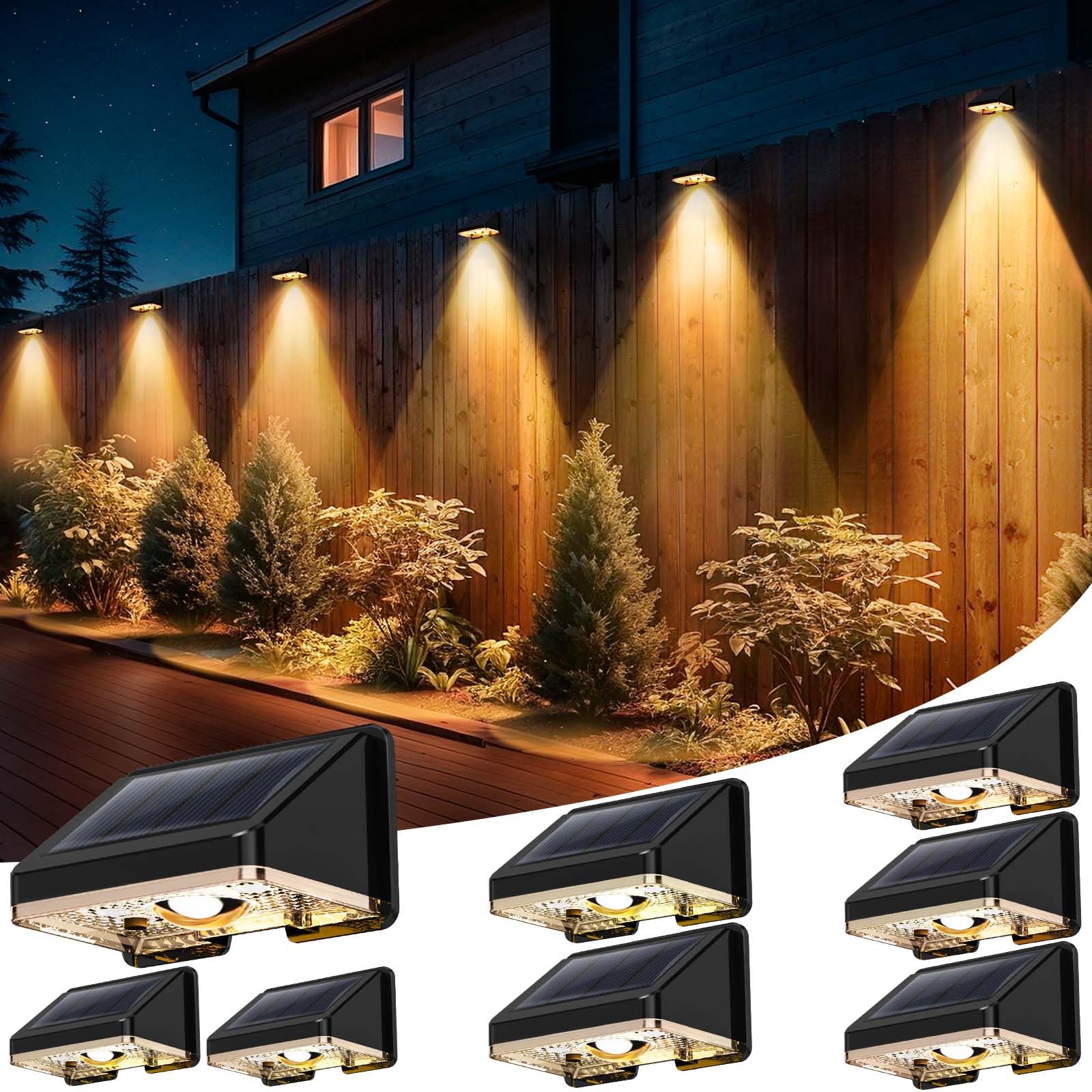 Solar Fence Lights Outdoor 8-Pack | IP67 Waterproof Wall Lights | Dusk to Dawn Auto-On/Off, Easy to Install | Decorative Solar L