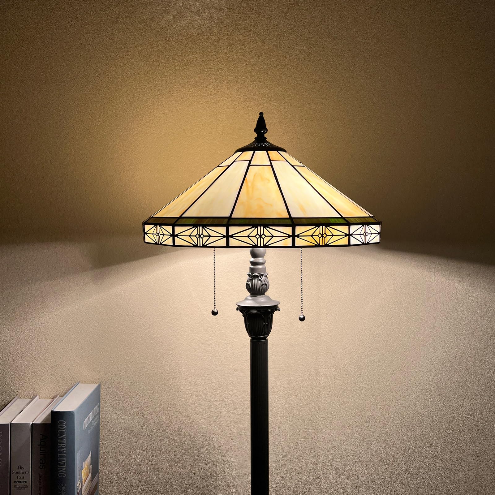 Capulina Tiffany Lamp 2-Light Vintage Cream Stained Glass Floor Lamp 63" for Living Room, Bedroom, Office