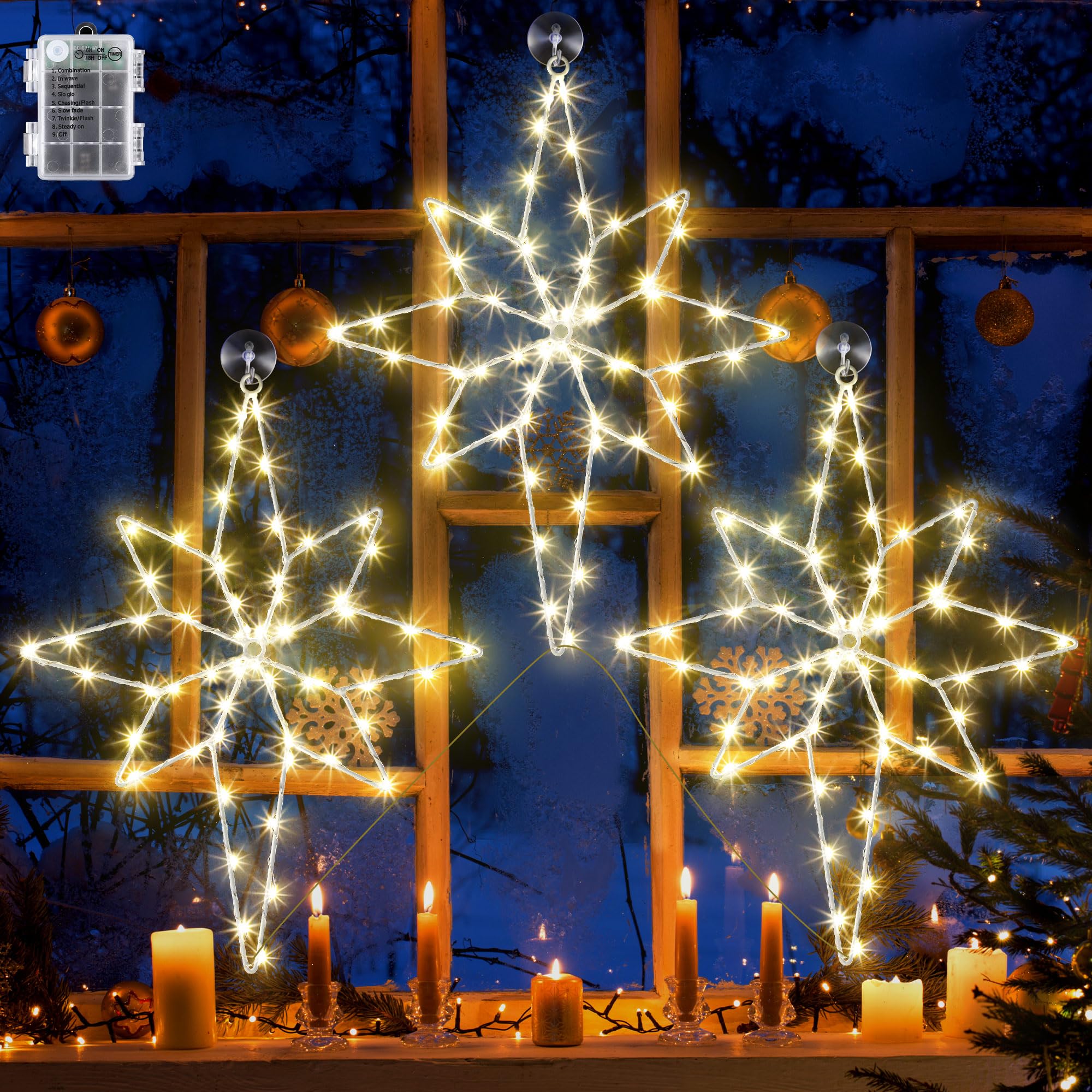Hiboom 3 Packs 16In Large Christmas Window Light Decoration, 8 Lighting Modes and Timing Bethlehem Christmas Star Window Silhoue