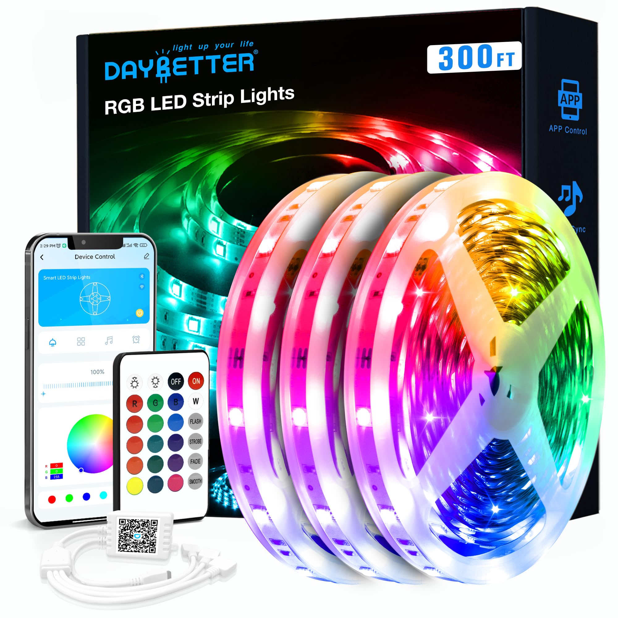 DAYBETTER LED Strip Lights, 300 ft Smart RGB Light, App Control, Multicolor, Music Sync, Model TCF0233124G-V3