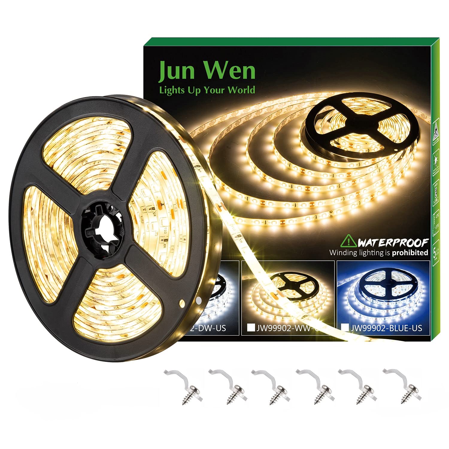 JUNWEN 16.4ft Warm White LED Strip Lights, Waterproof Flexible Indoor/Outdoor Lighting, Cuttable SMD2835, Plug-in