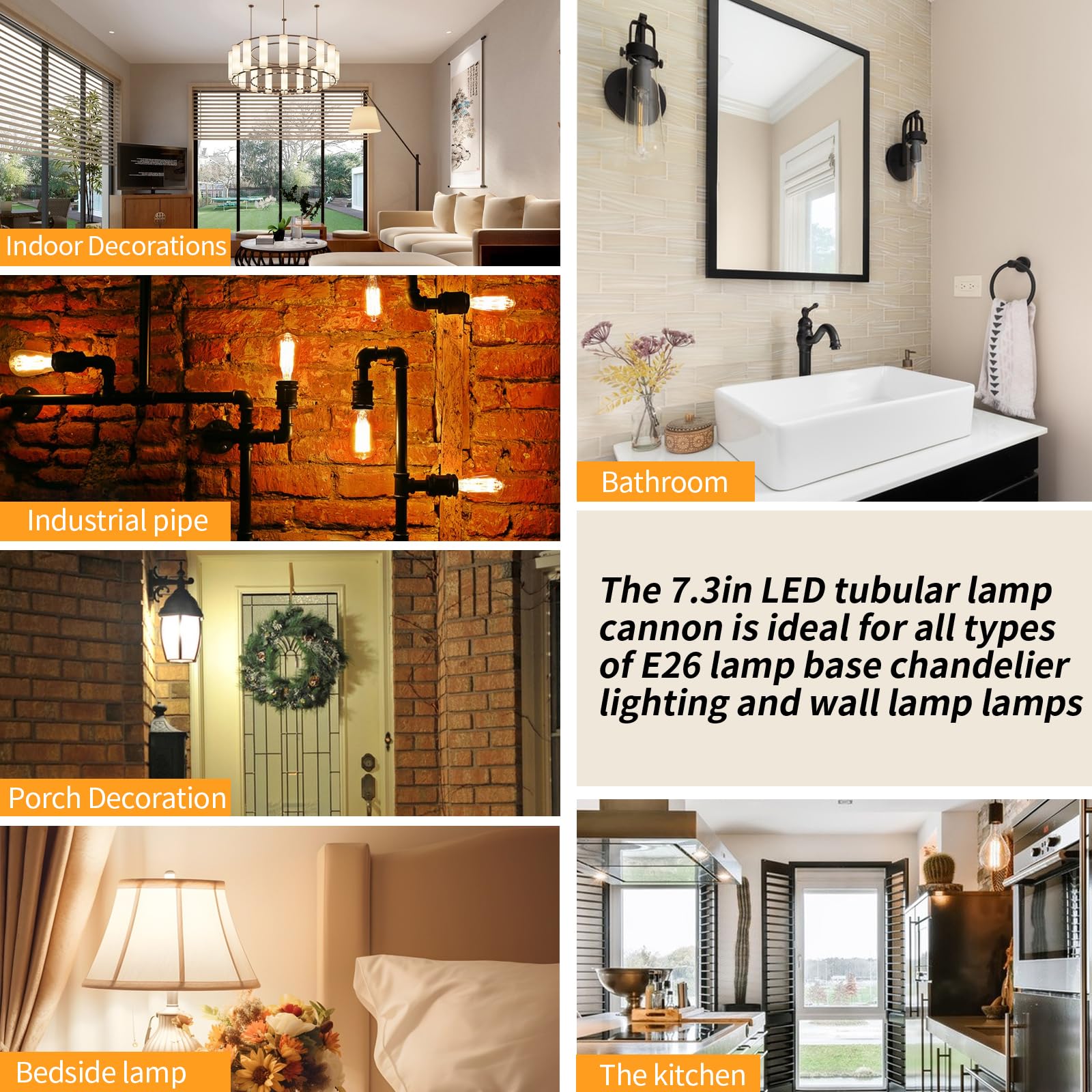 Long T10 Led Bulb, 7.3In Vintage Edison Dimmable Bulb 6W 2700K Warm White Tubular Bulbs, E26 Medium Base Clear 600Lm 60W Equival