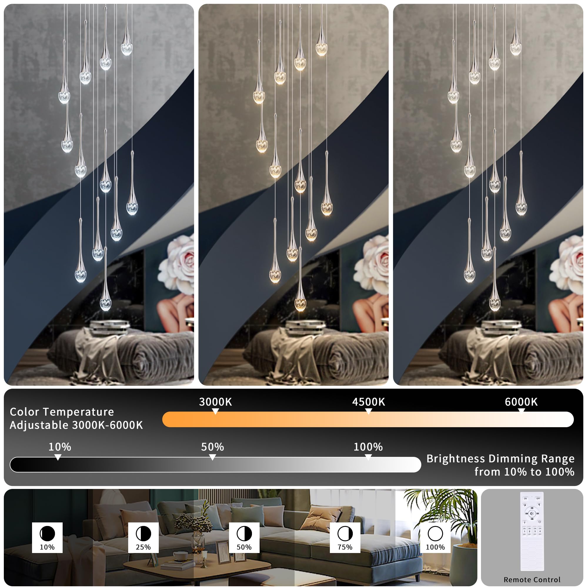 Upfelw Modern Crystal Staircase Chandelier, 12 Lights, Polished Chrome, Dimmable LED, H120in , Model UCC-S12-0436