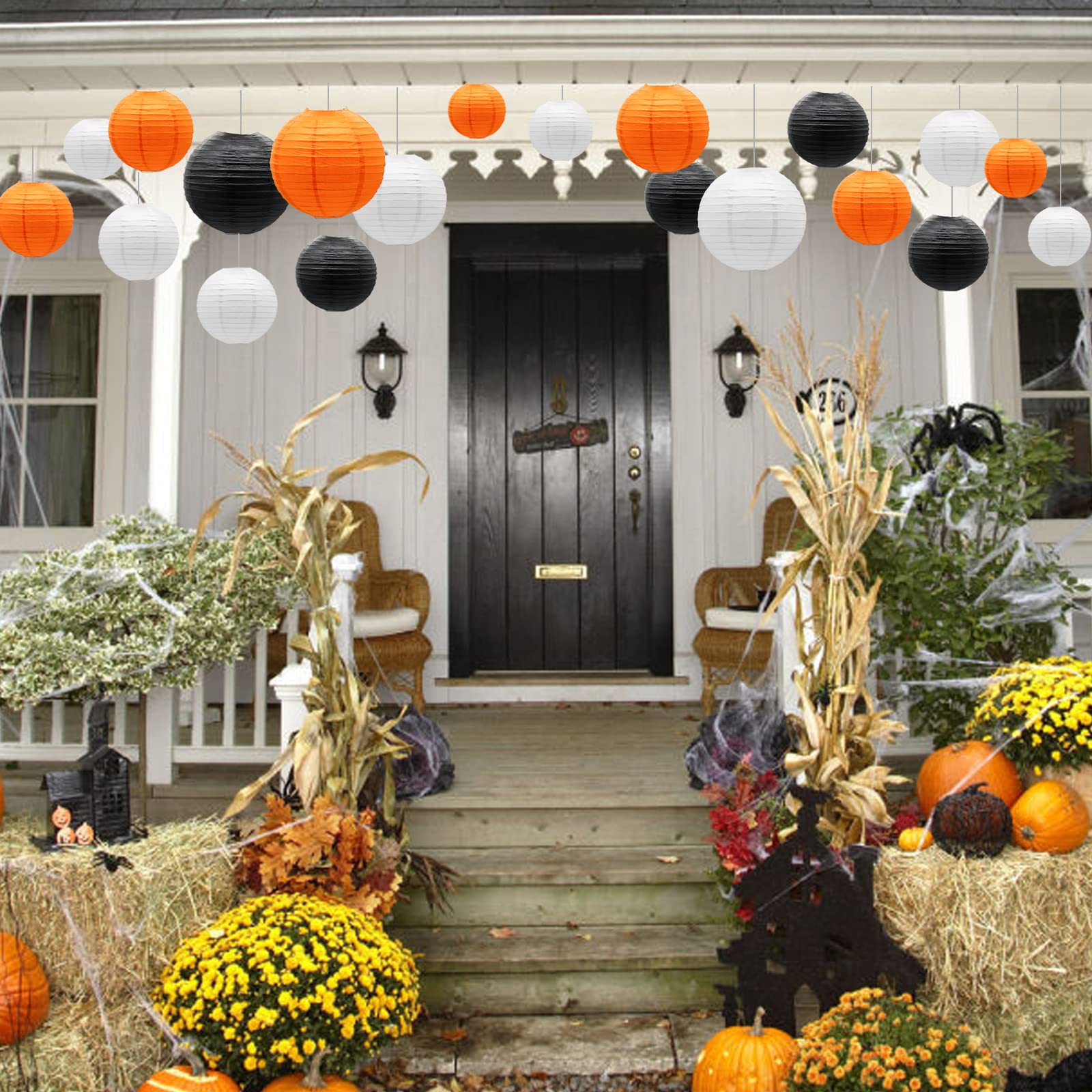 ADLKGG Paper Lanterns Decorative 9pcs Round Hanging Lanterns Metal Black/Orange/White for Halloween Thanksgiving Party