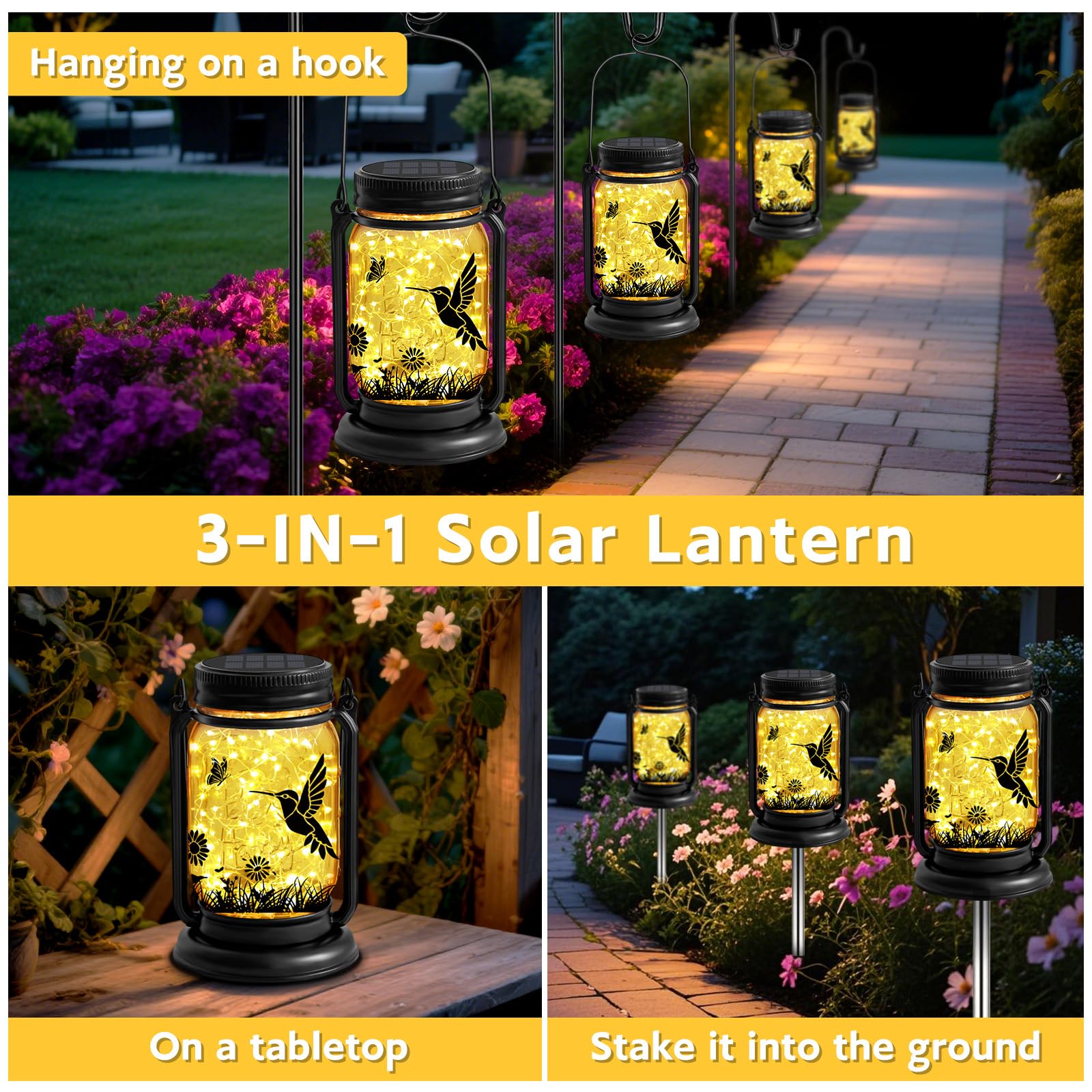 ANGMLN Hummingbird Solar Lanterns - 3-in-1 Waterproof Mason Jar Lights for Outdoor Garden Decor, Model FG-61
