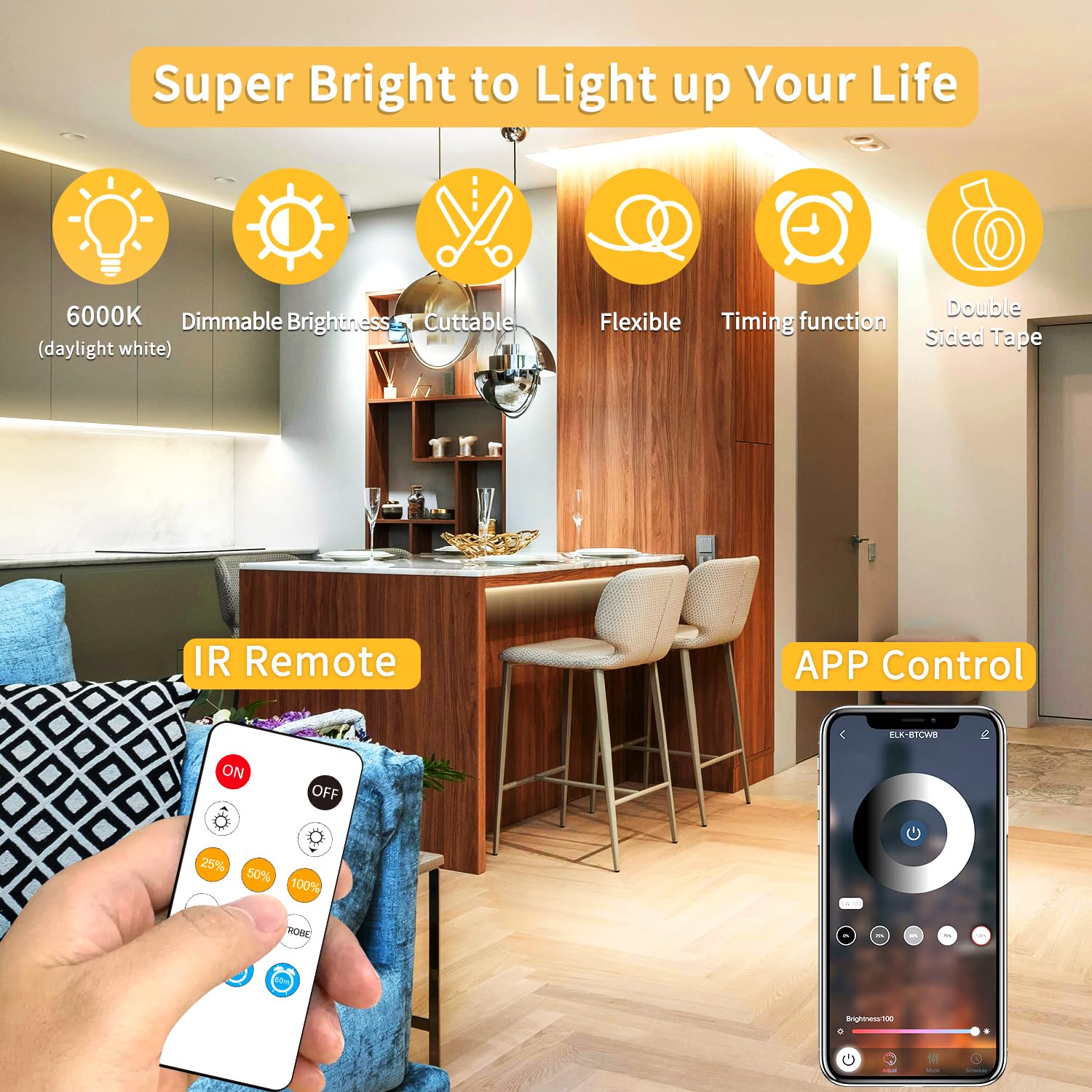 Yeewhale COB LED Strip Lights, 100ft, Dimmable Warm White, DC 24V, Flexible, Remote & App Control, Model Yeewhale-100cobNB06
