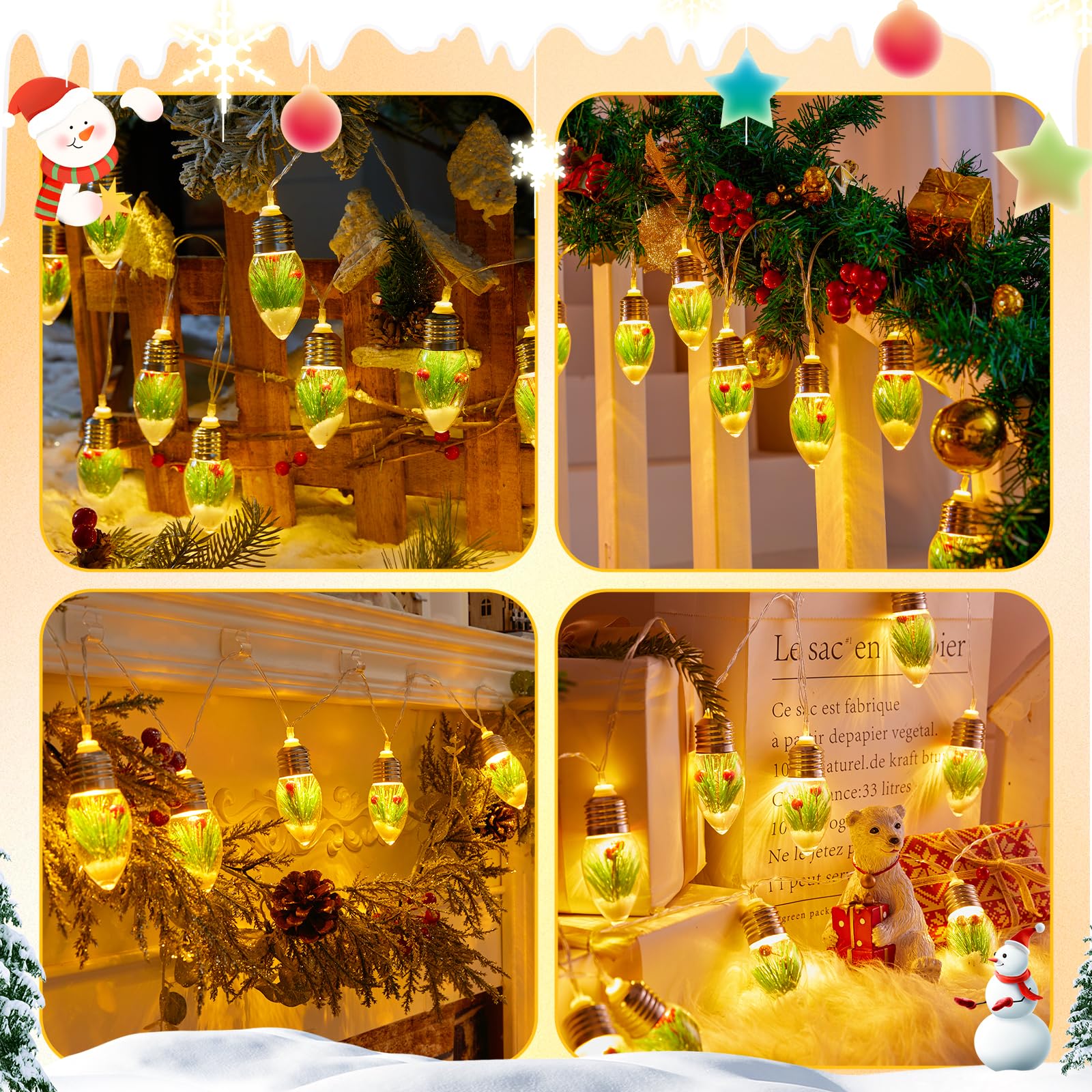 Brightown Christmas Lights Indoor, 7.5Ft Christmas Snow Globe Lights With Berry & Pine Needles,Battery Powered String Lights For