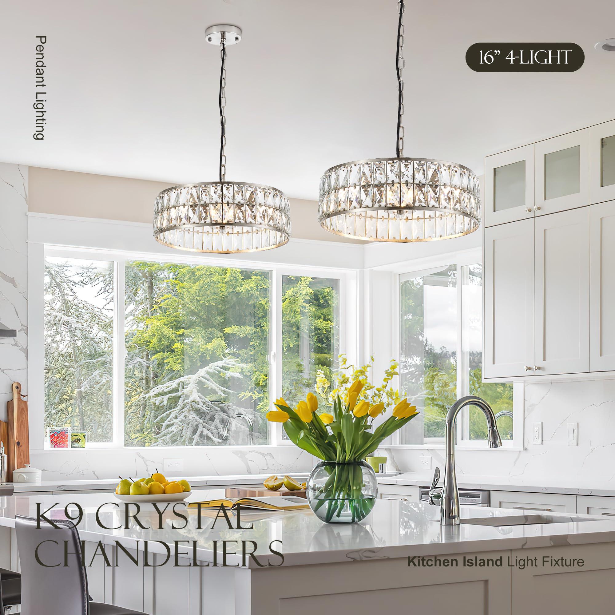 Salaiwei 16    4-Light Modern Crystal Chandeliers Nickel Dinning Room Light Fixture, Round Pendant Light Kitchen Island Chandeli