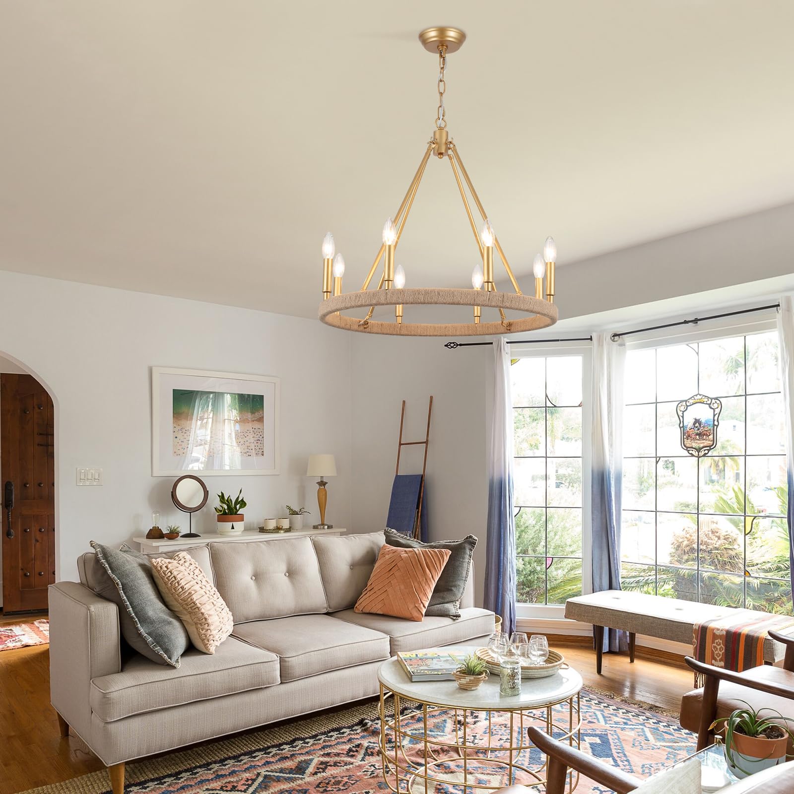 ZJVAIVE 8-Light Gold Farmhouse Chandelier, Modern Metal Wagon Wheel Pendant Lighting for Dining Room, Entryway, Kitchen - Model ZJ-ZJD00044-8-PG