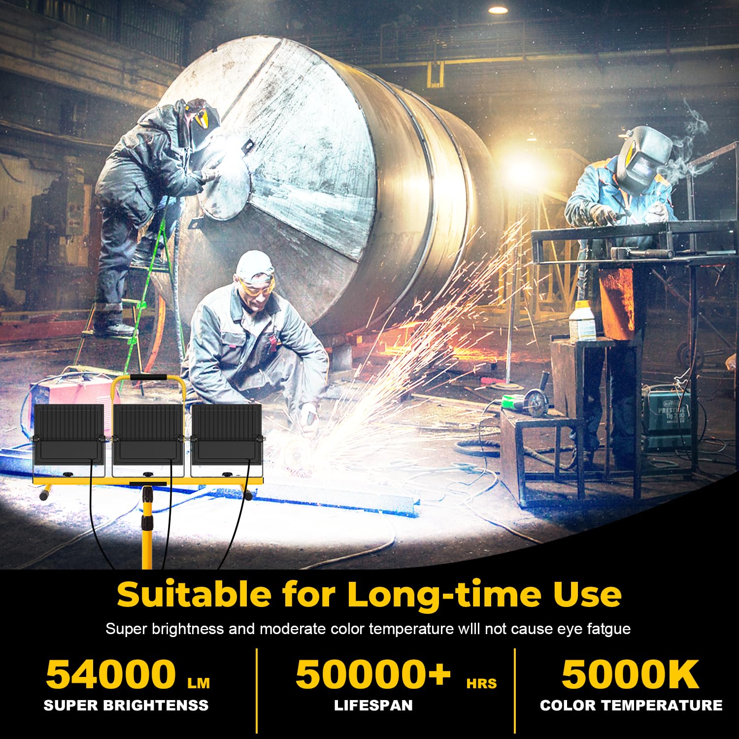 RIUVAO 54000 Lumen LED Work Lights with Stand, IP67 Waterproof, Adjustable Heads, 16FT Cord, Yellow, Model TWD300