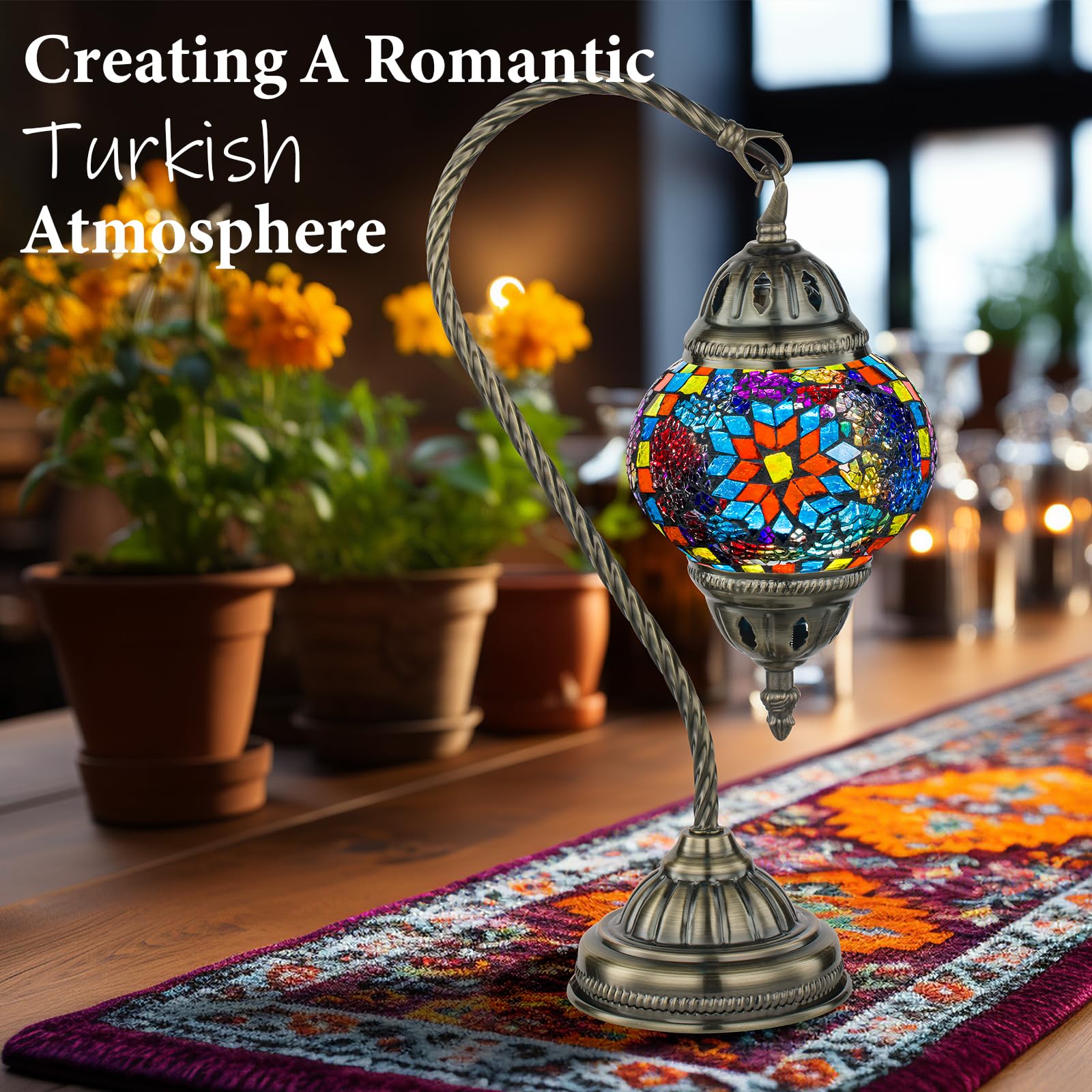 Marrakech Turkish Lamp Moroccan Lamp Mosaic Glass Table Lamp, Handmade Turkish Mosaic Light With Swan Neck Bronze Base Including
