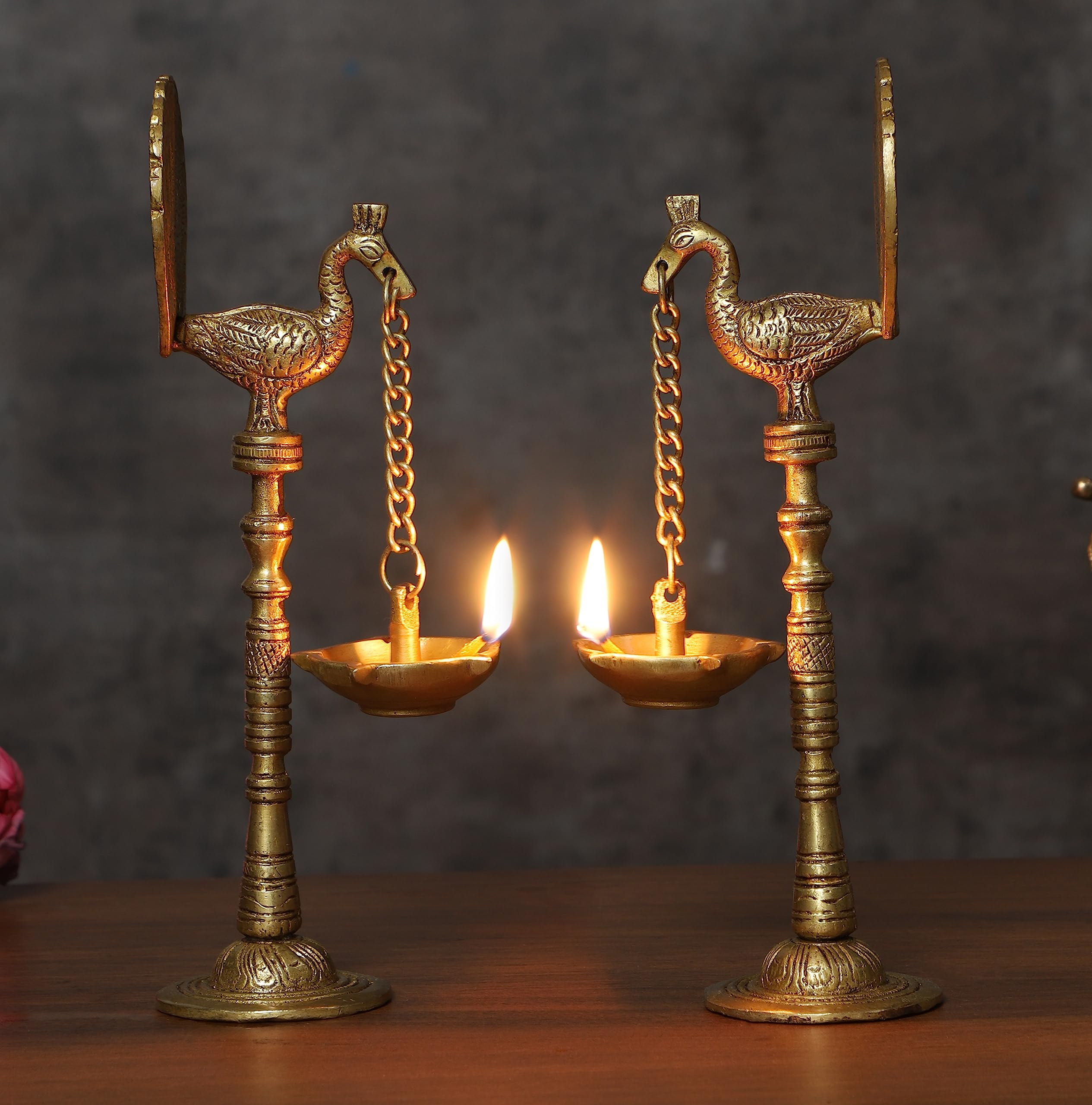 Two Moustaches Peacock Design 9 Inches Brass Hanging Diya Pair (Pack Of 2), Diyas For Diwali Decoration, Diyas For Home Decor, Diyas For Home/Temple, Antique Yellow, Standard