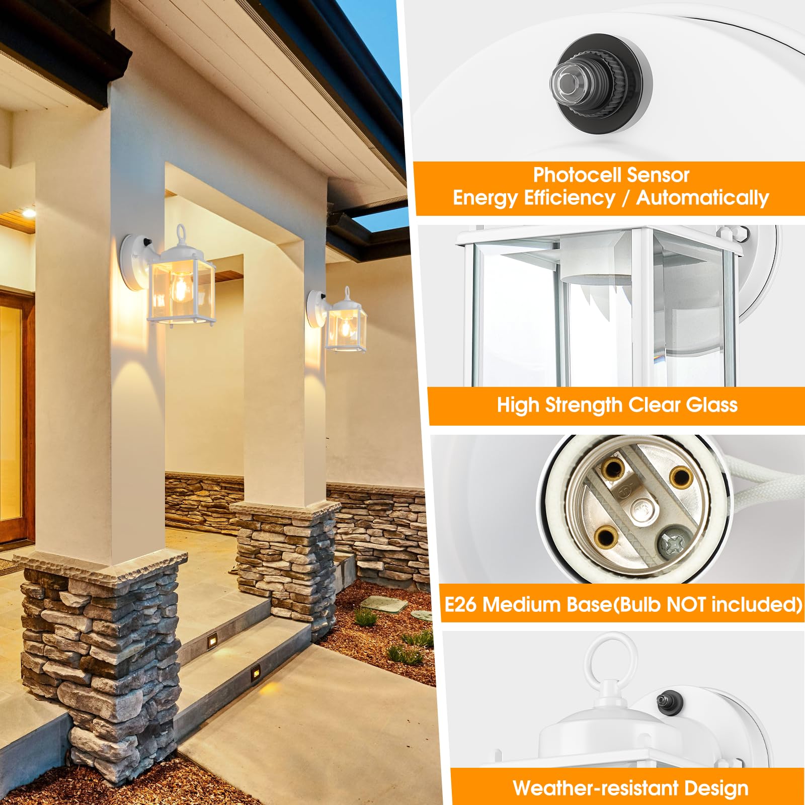 Matameye Dusk To Dawn Sensor Outdoor Wall Sconce, Exterior Waterproof Porch Wall Mount Lanterns, White Front Door Lights With Be