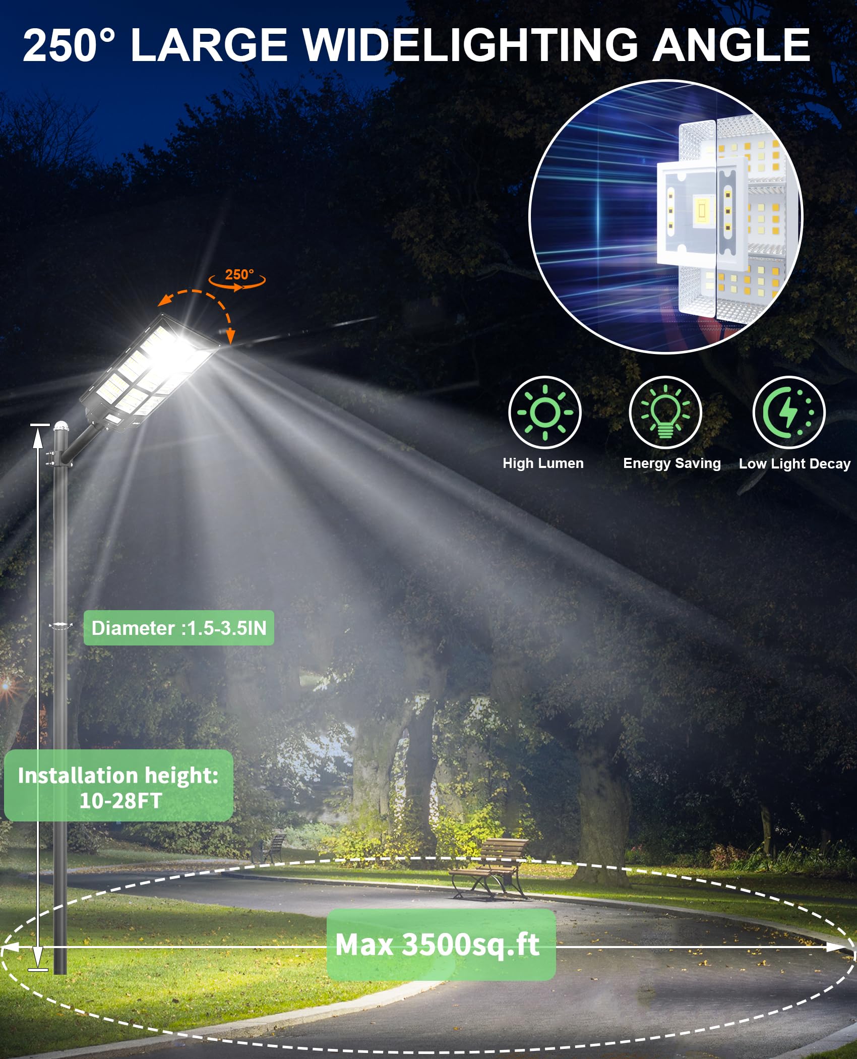 JAYNLT Y-7200W Solar Street Lights, 680000LM, 6500K, Dusk to Dawn, Motion Sensor, Black, 1Pack