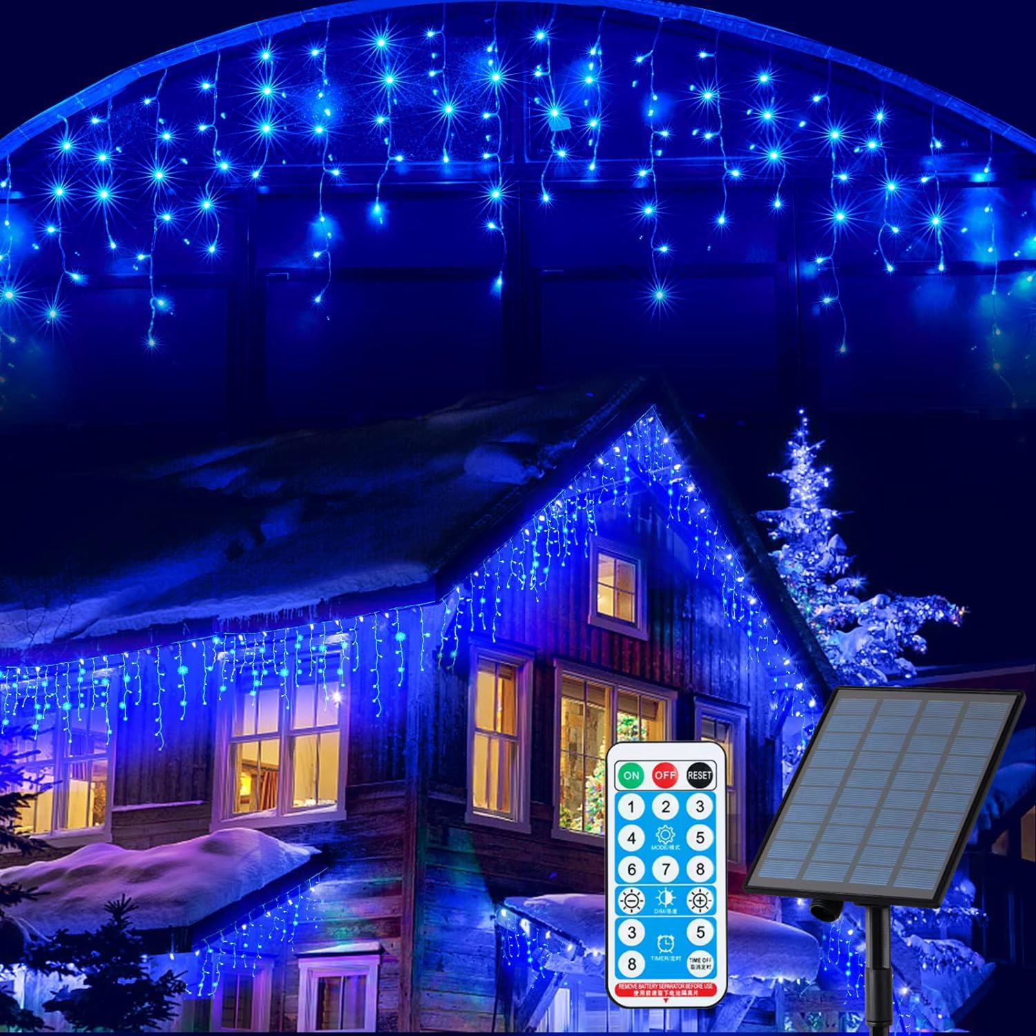 KiflyTooin Solar Christmas Lights Outdoor 320LED 29.5ft Waterproof Curtain Lights Blue GP-SW290DC0209