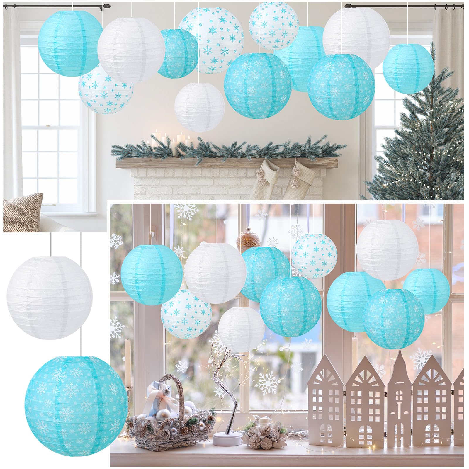 Panelee Snowflake Paper Lanterns - 12 Pcs Hanging Decorations for Parties - 8 Inch - Indoor/Outdoor Holiday Supplies