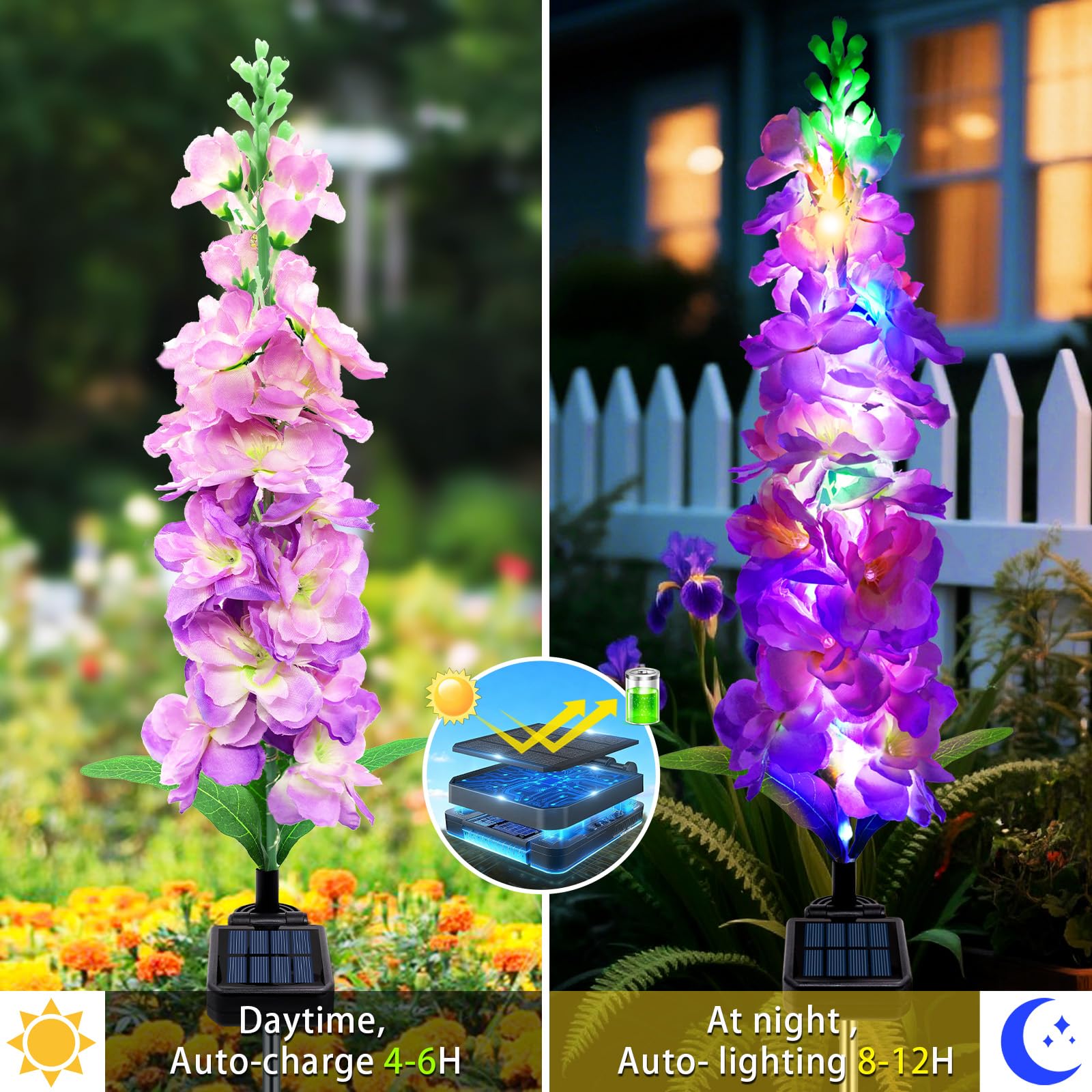 Mrhephaestus Solar Garden Lights  Solar Purple Delphinium Flowers Lights 4 Pack 80 Leds  Waterproof Outdoor Light Two Lighting Modes For Outside Wedding Party Garden Yard Patio Lawn Decor
