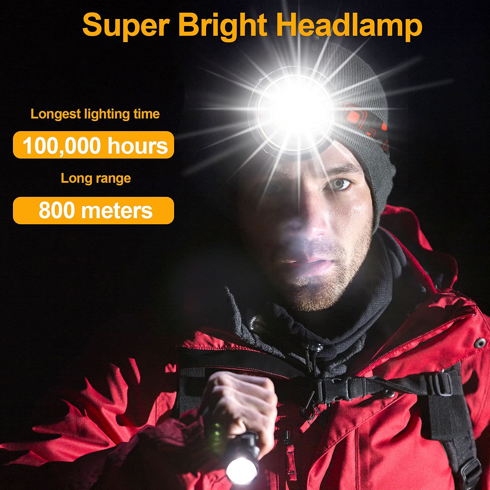 Aikertec C1 LED Rechargeable Headlamp, 90000 Lumens, Waterproof, Adjustable, Black, Ideal for Camping, Fishing, Hunting, Running