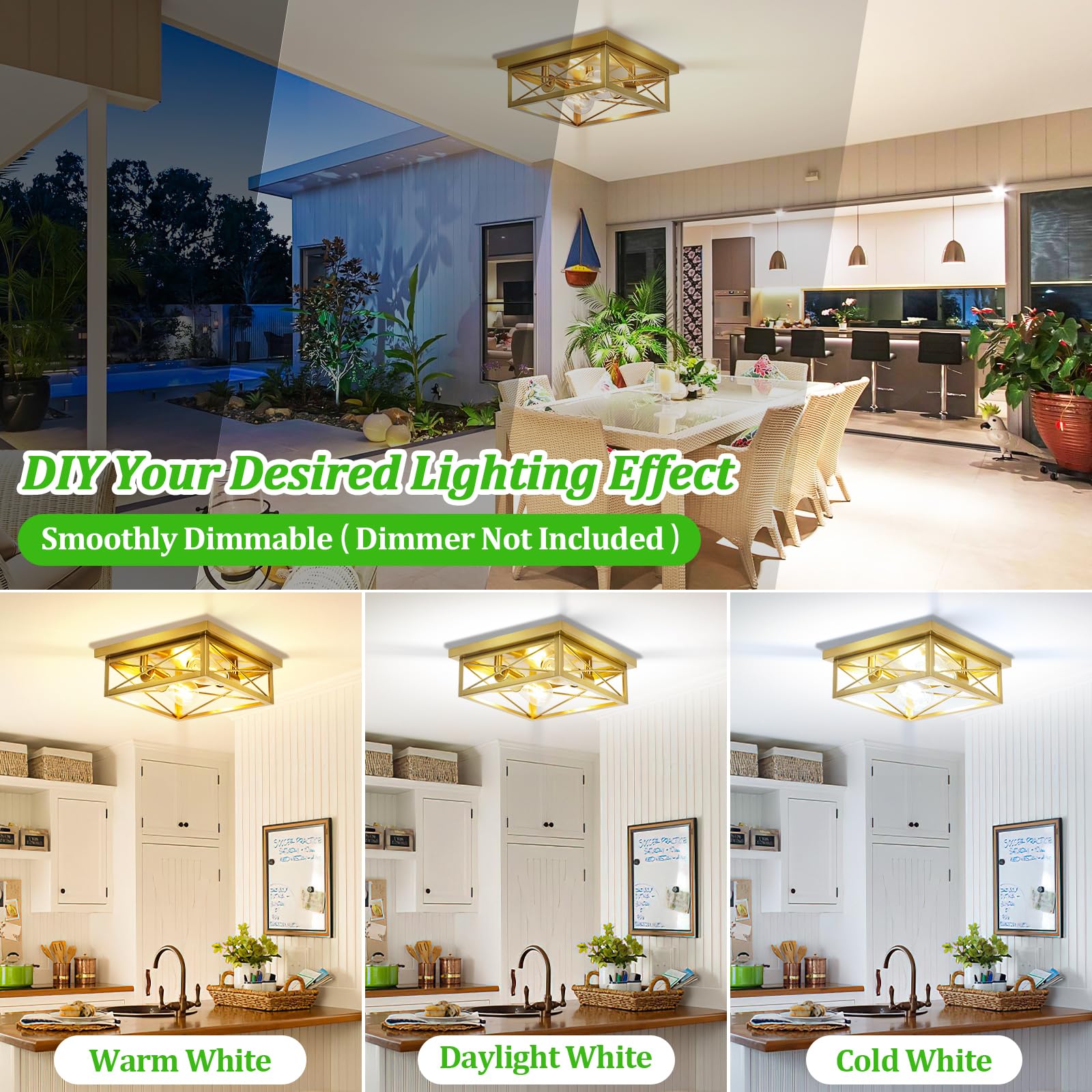 Kondras 2-Light Flush Mount Ceiling Lights, Brass Metal, Gold, 2-Pack, Model X11016P(2PK)