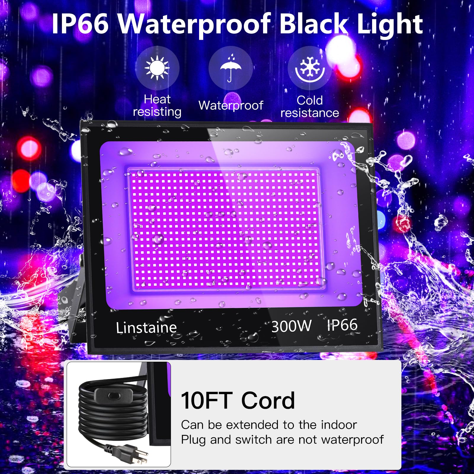 300W Blacklight Floodlight With 10Ft Cable, Waterproof Led Black Light Flood Light With Switch&Plug For Outdoor Neon Party, Hall