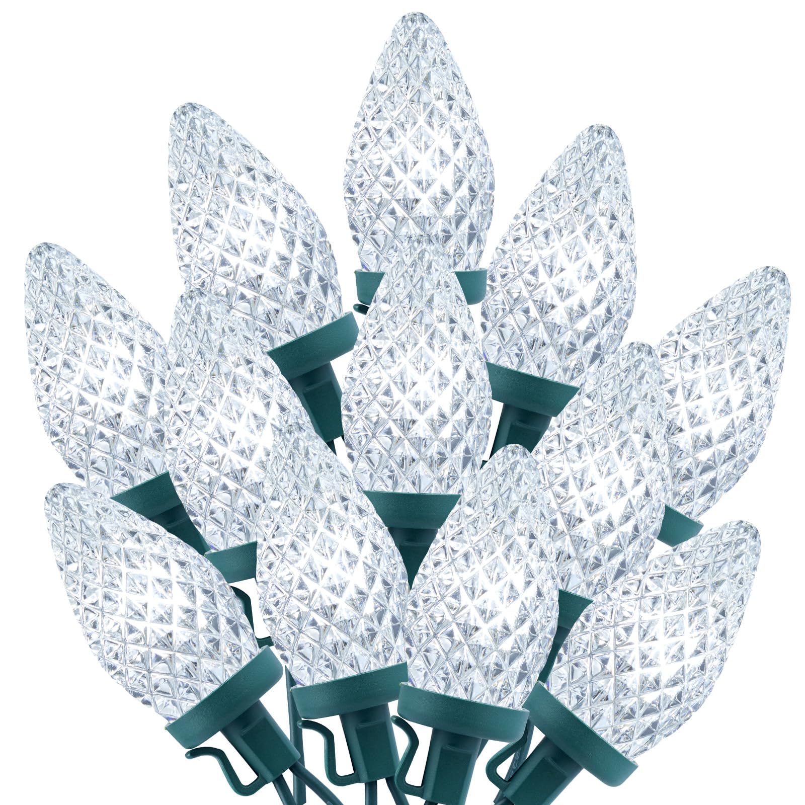 C9 Christmas String Lights White, 66ft 100 LED Faceted Christmas Lights on Green Wire, Plug-in Large Bulb Strawberry String Ligh