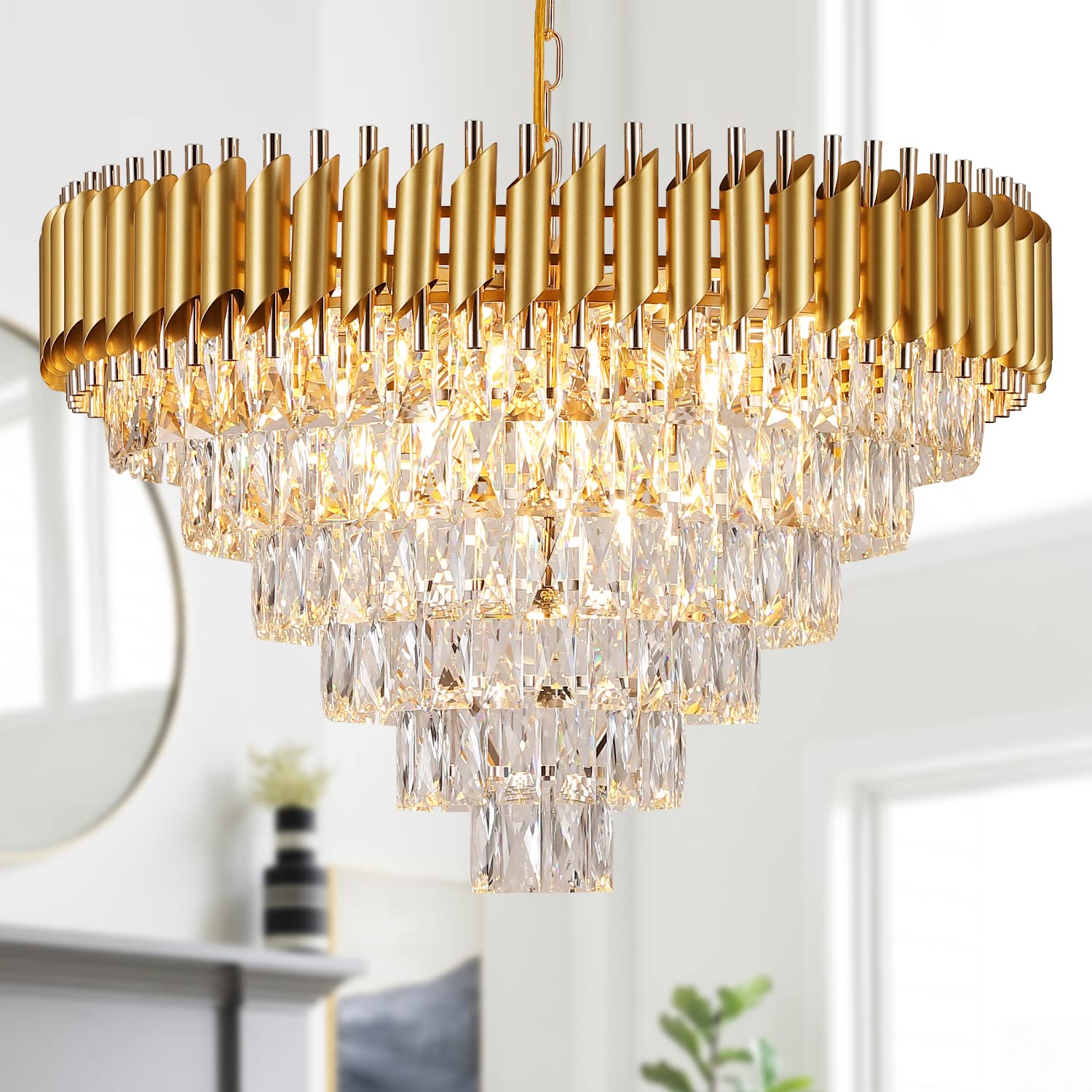 Axilixi Gold Crystal Chandelier, Modern 30" Round Chandeliers For Dining Room K9 6-Tier Extra Large Ceiling Pendant Light Fixtures Golden Luxury Chandelier For Foyer Living Room Staircase