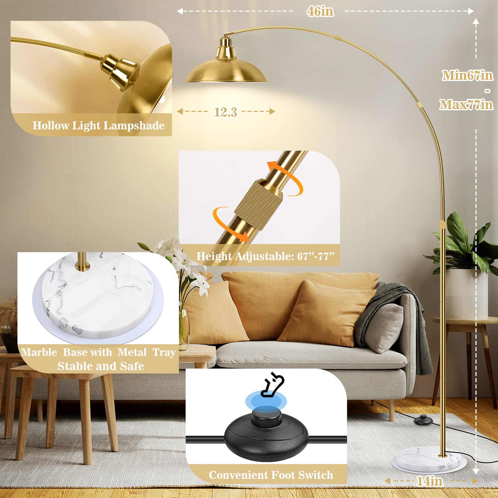 Filiyano Gold Brass Arc Floor Lamp For Living Room - Mid Century Modern Standing Lamp, Overhanging Floor Lamps, Arch Stand Up La