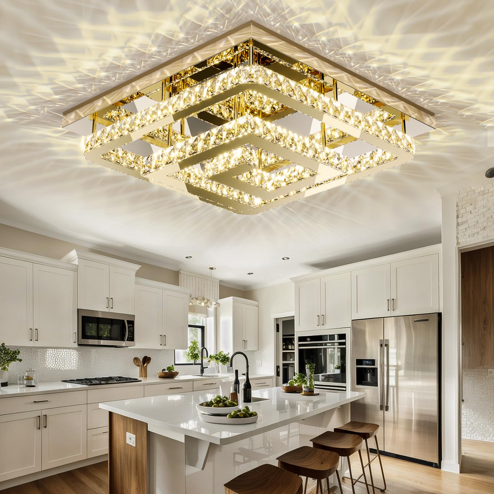 Miuyhji 34" Gold Crystal Chandelier - Modern LED Ceiling Light with Remote/App Control, 3 Color Temperatures, Adjustable Brightness