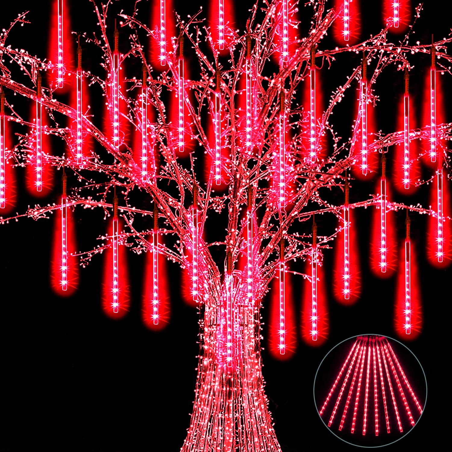Jjgoo Christmas Lights Meteor Shower Rain Lights  10 Tube 12 Inch 240 Leds Icicle Light Outdoor Raindrop Light For Xmas Halloween Wedding Party Tree Holiday Decoration  Red