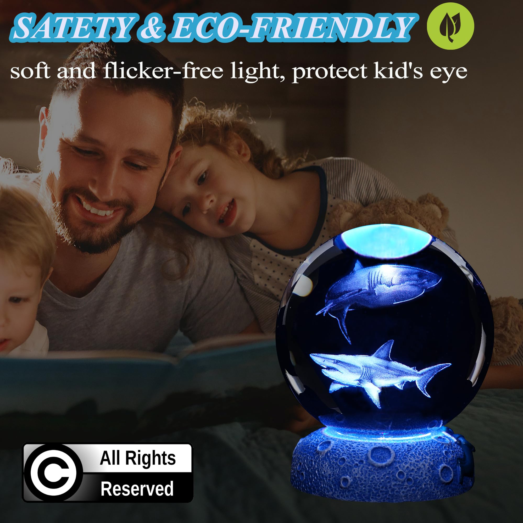 POSSHE 3D Shark Night Light Lamp - 16 Color Remote, 3.15 Inch Crystal Ball Decor for Boys & Girls, Unique Underwater Birthday/Xmas Gifts