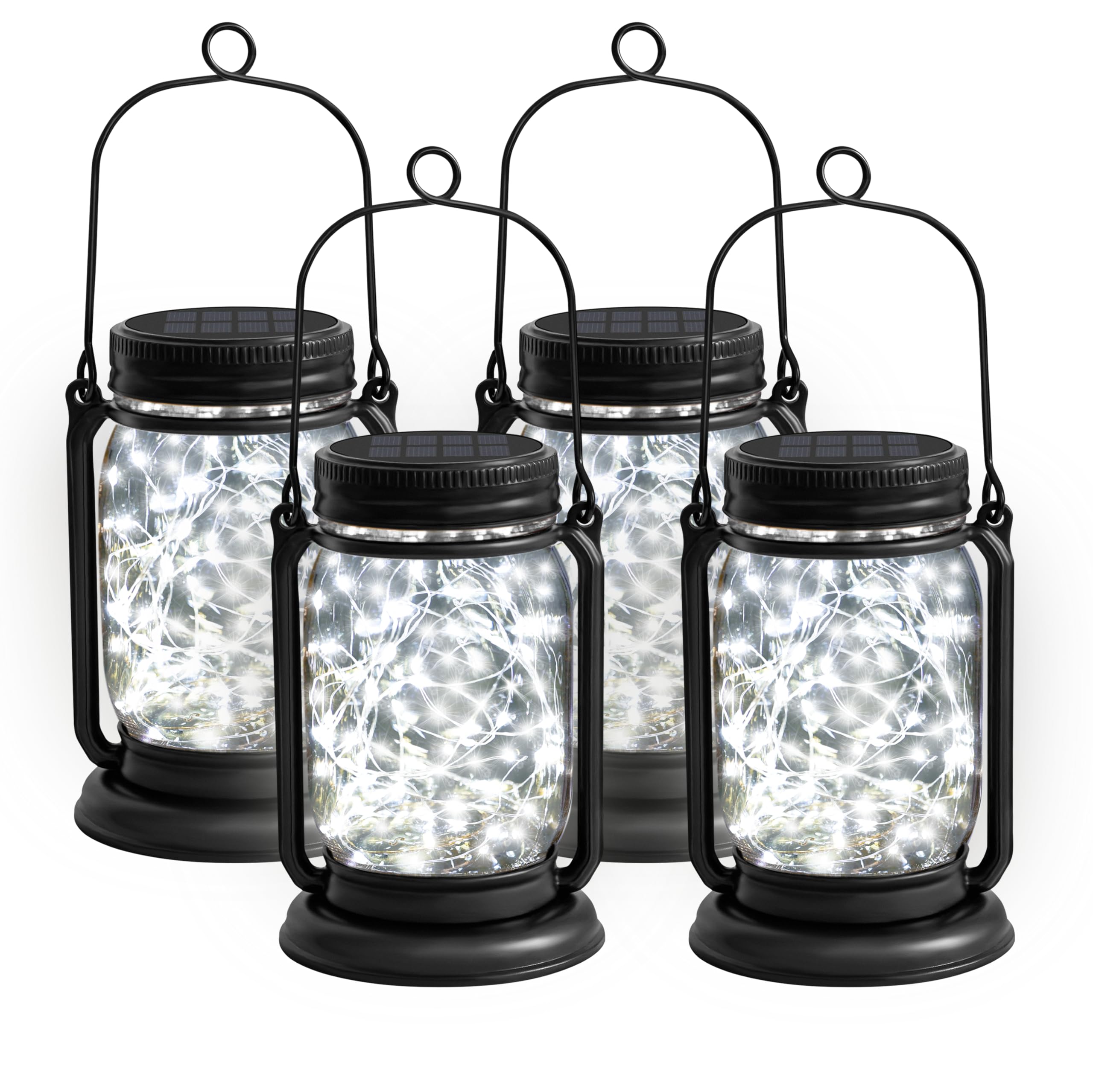 YJFWAL 4 Pack Hanging Solar Lantern Lights, Vintage Glass Mason Jar, Cool White, Waterproof Table Lamp for Patio, Model: fugu-cool white-4P