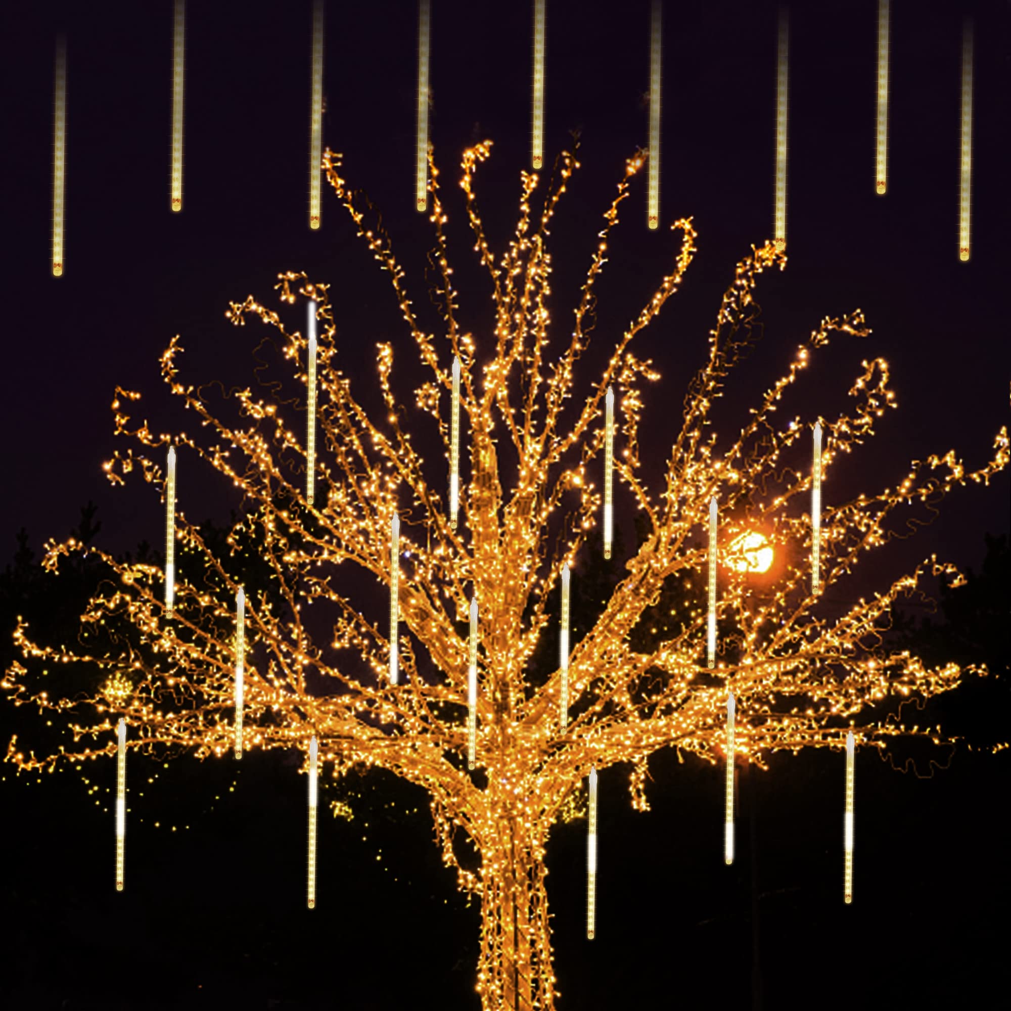 LJLNION Meteor Shower Lights, 288 LED Icicle Lights, Connectable Raindrop Lights, 12 Inch, Warm White, Model 288L