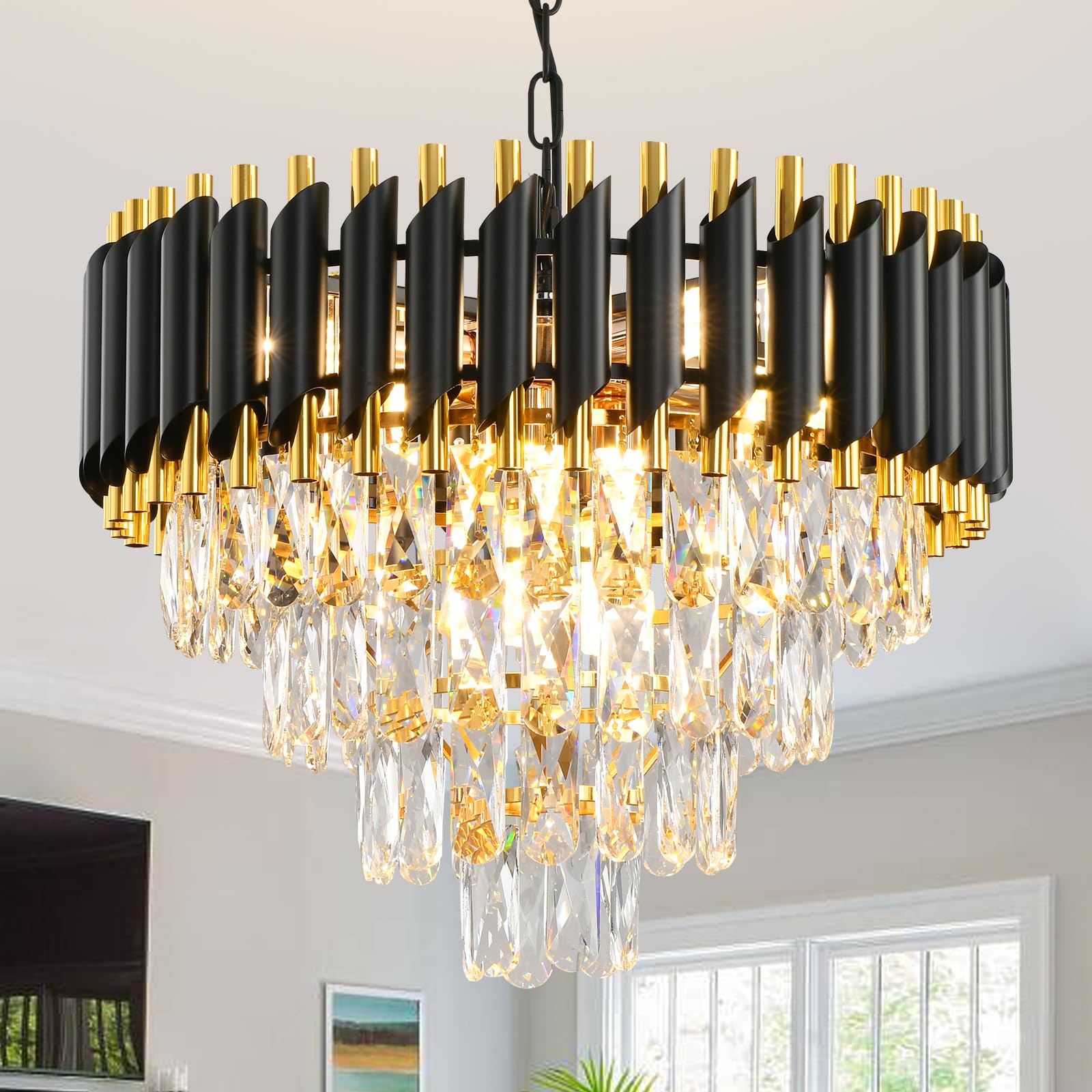 Gold Modern Crystal Chandeliers 4-Tier K9 Round Black and Gold Crystal Chandelier Light Fixture 7 Lights Hanging Pendant Ceiling