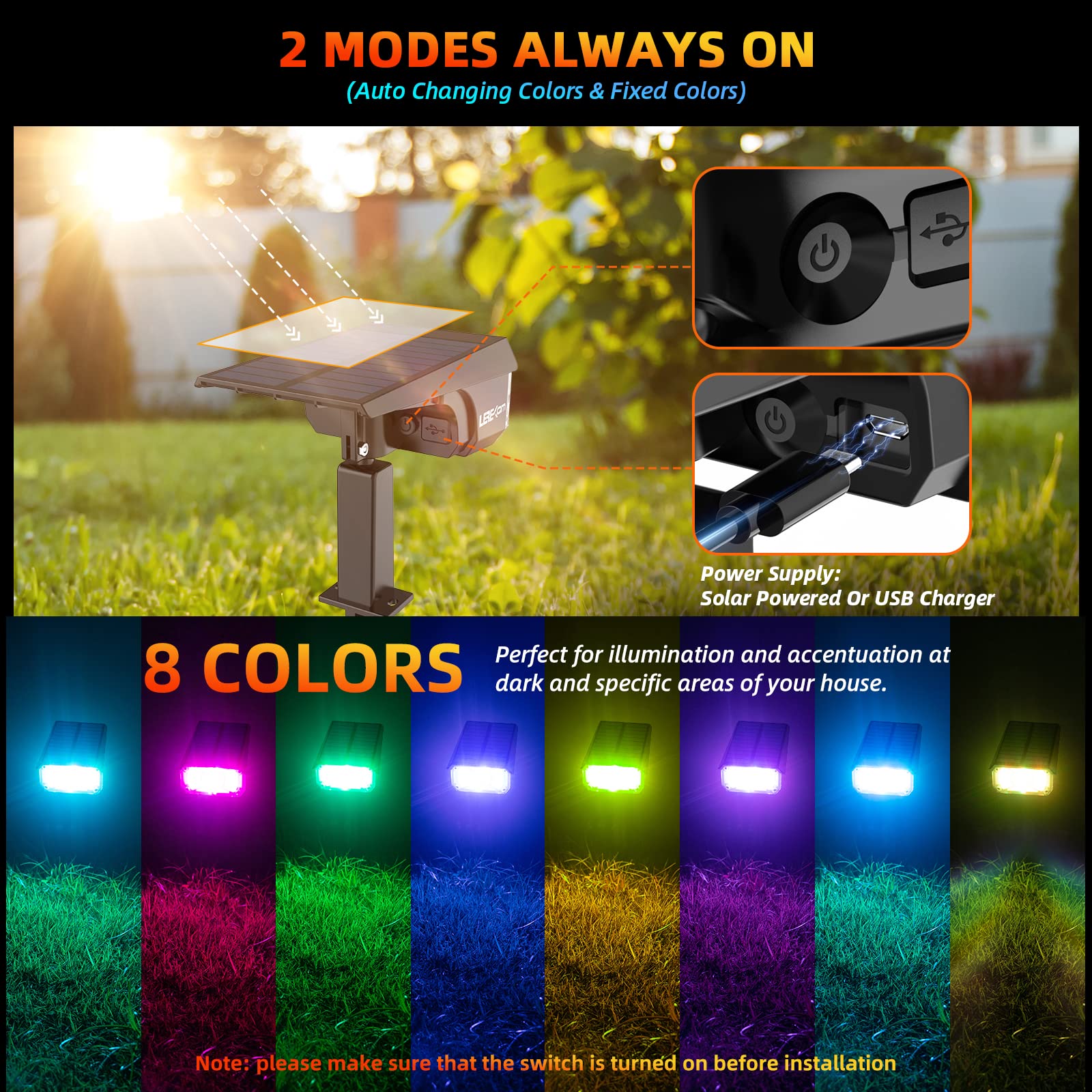 LEREKAM Solar Spot Lights, IP65 Waterproof, 9 Light Modes, 10 Pack, Multicolor, Outdoor-Spotlights-C2