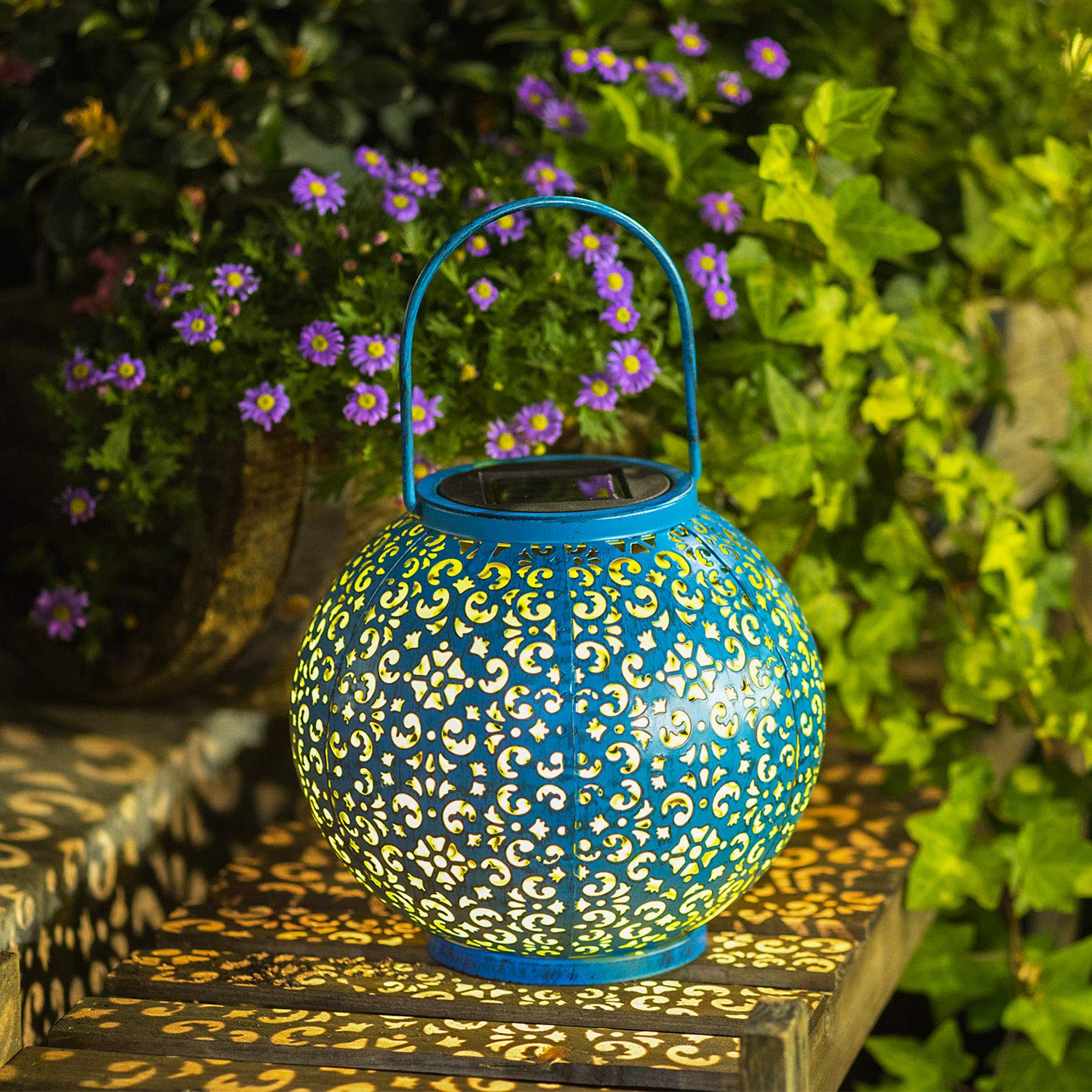 HOMEIMPRO Solar Lantern Hanging Garden Light, Metal Table Lamp, Waterproof, Large, Teal Blue, Model dd526