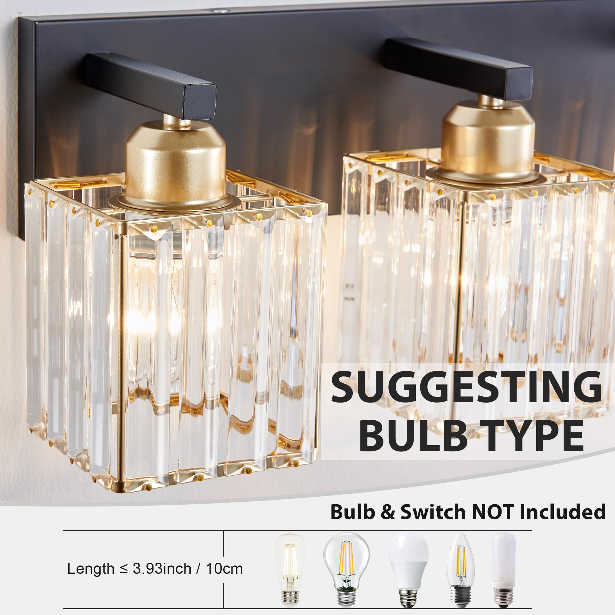 Bathroom Vanity Light Fixtures Over Mirror 4 Crystal Lights - Makeup Lighting Black Gold - For Modern Wall  Bath  Desk  Farmhouse  Hallway
