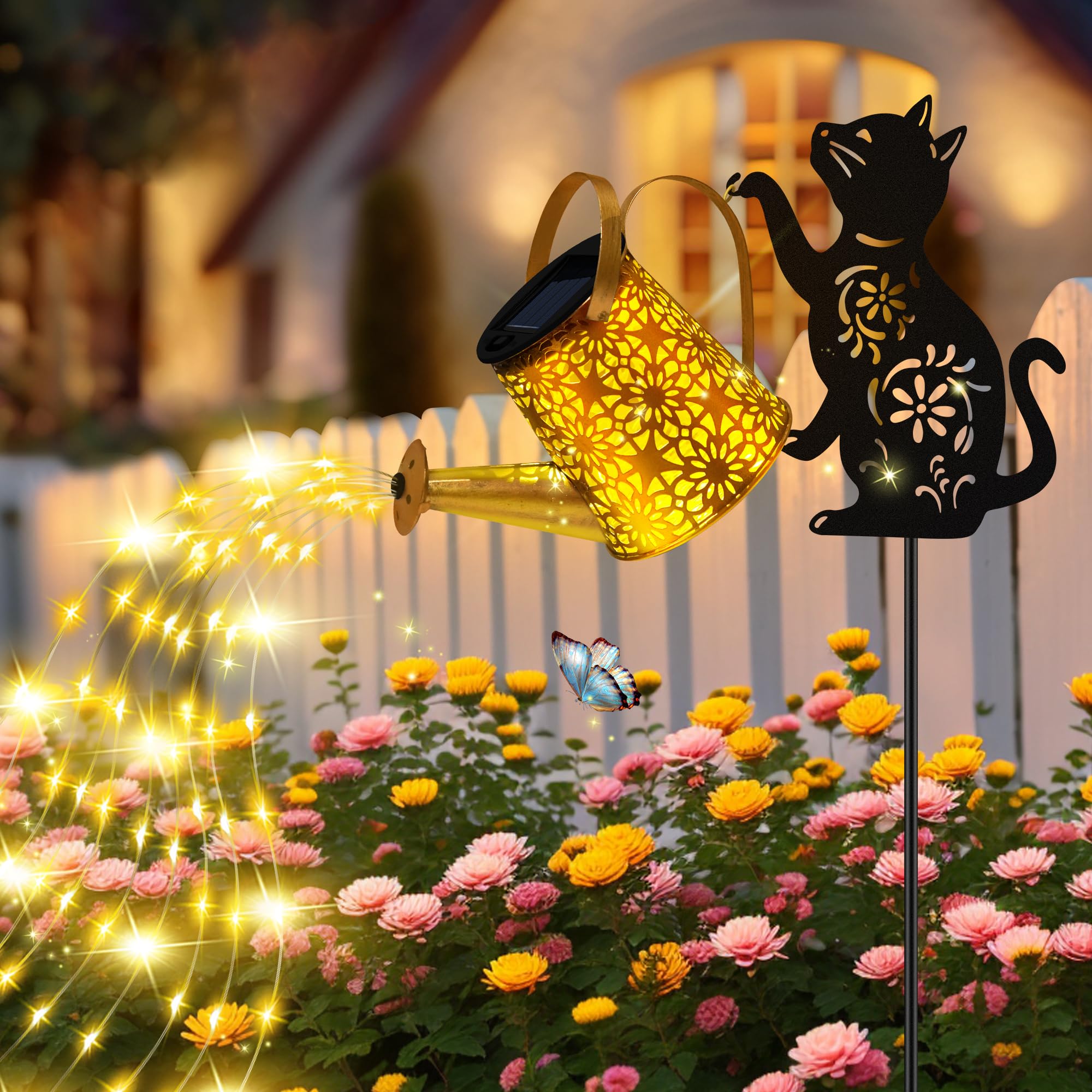 Solar Lights Outdoor Decorative  Watering Can With Cascading Lights  With Cat Silhouette Garden Stakes  Waterproof Metal Garden Decor For Yard Art  Outside  Patio  Lawn Ornaments 2Pack