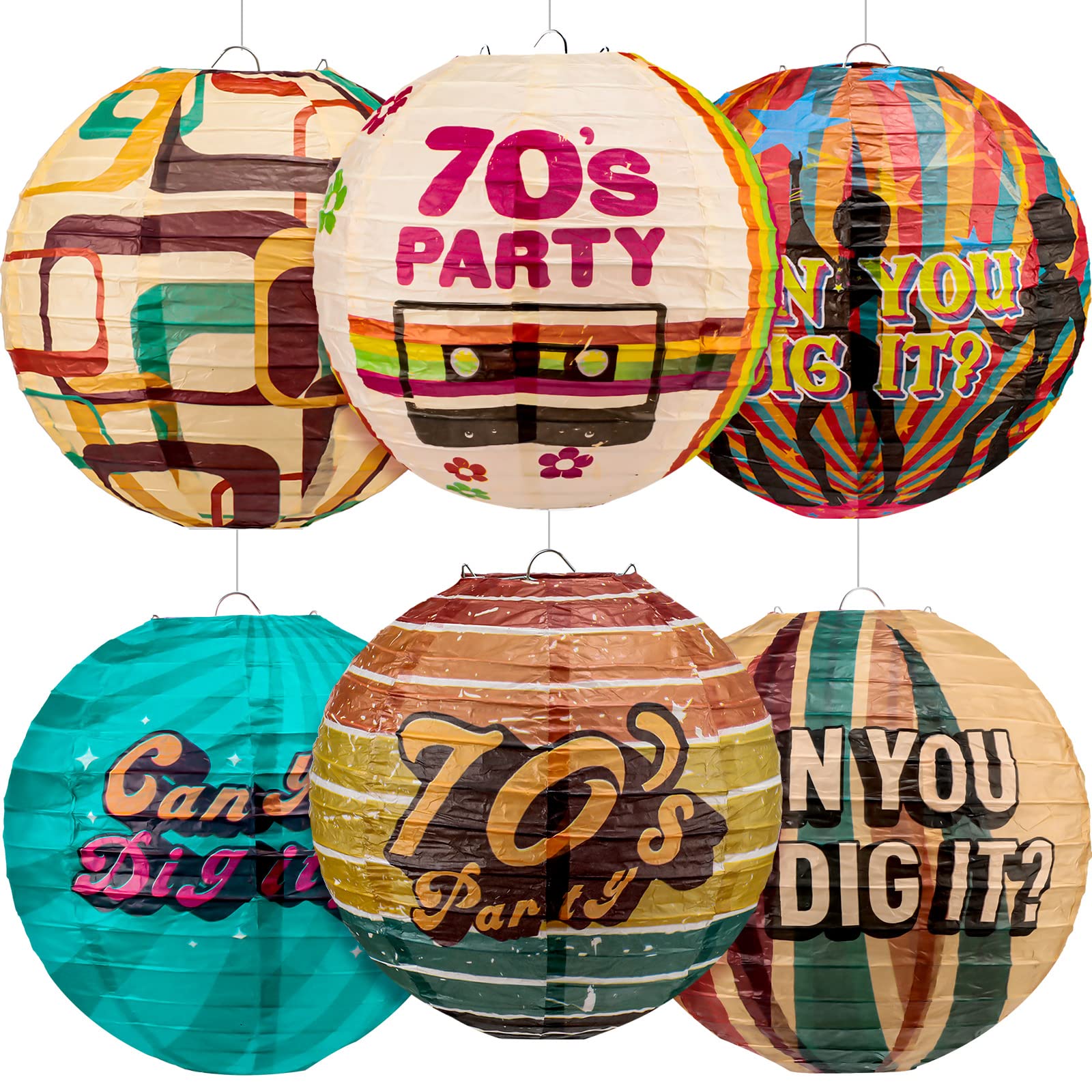 Frienda 6 Pieces Paper Lanterns Retro Style 70s Party Decorations Metal 70s Decades Birthday Supplies