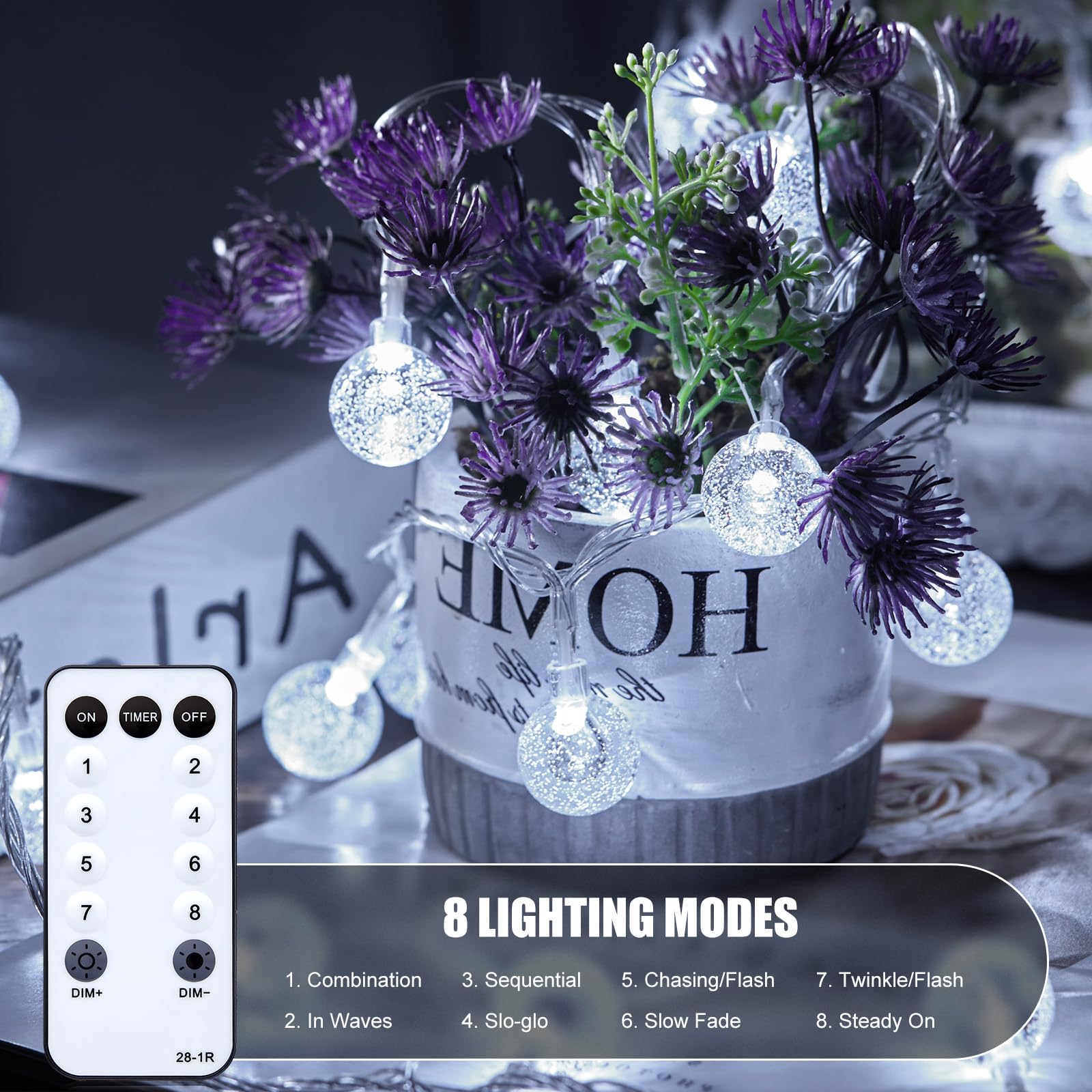 Minetom Crystal Globe String Lights - 33 ft, 100 LED, Waterproof, Remote & Timer - White