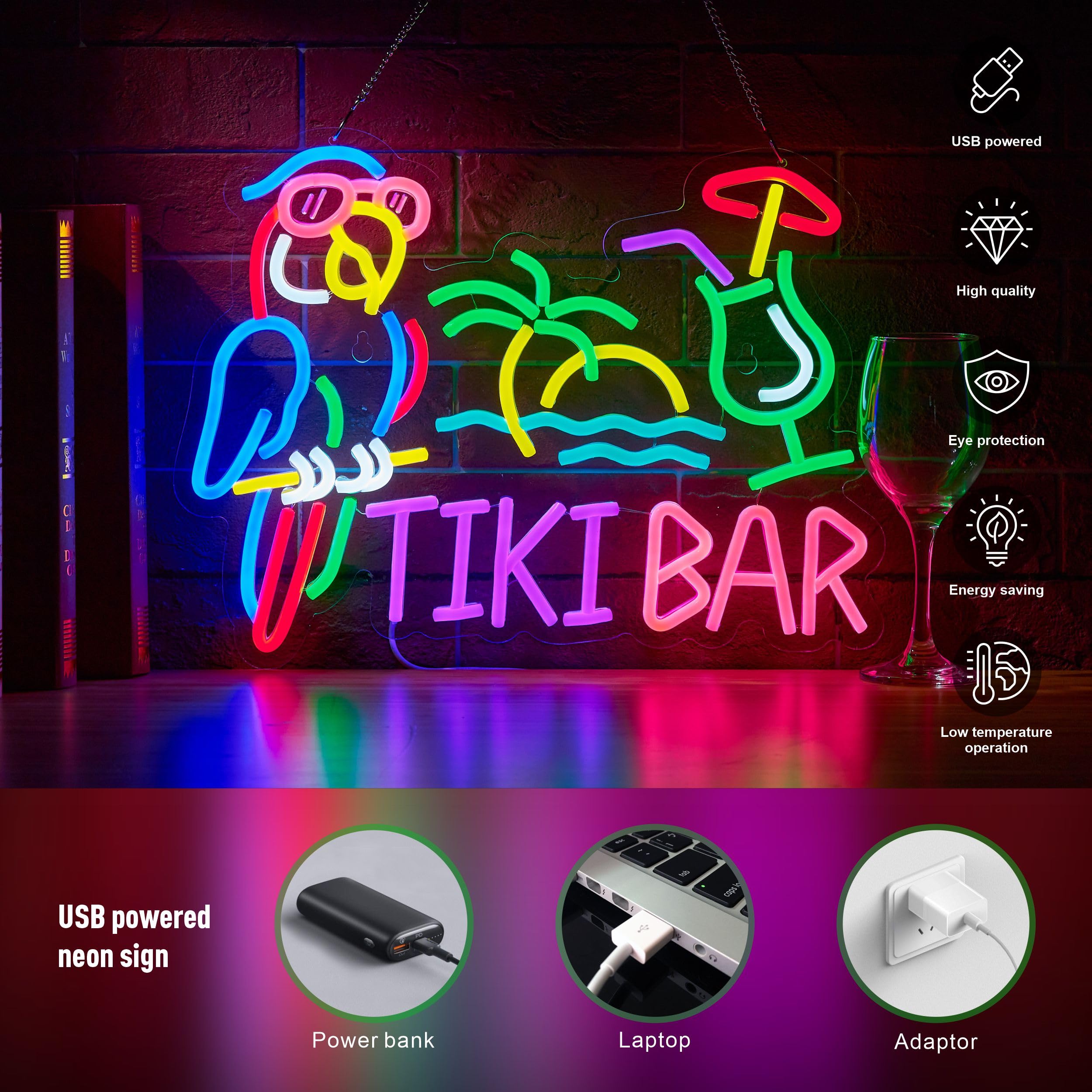NEONLAND Tiki Bar Parrot Neon Sign, LED Wall Decor, 16.5"x12.6", Pink/Blue/Purple, Acrylic, Model: Sunglasser Parrot Tiki