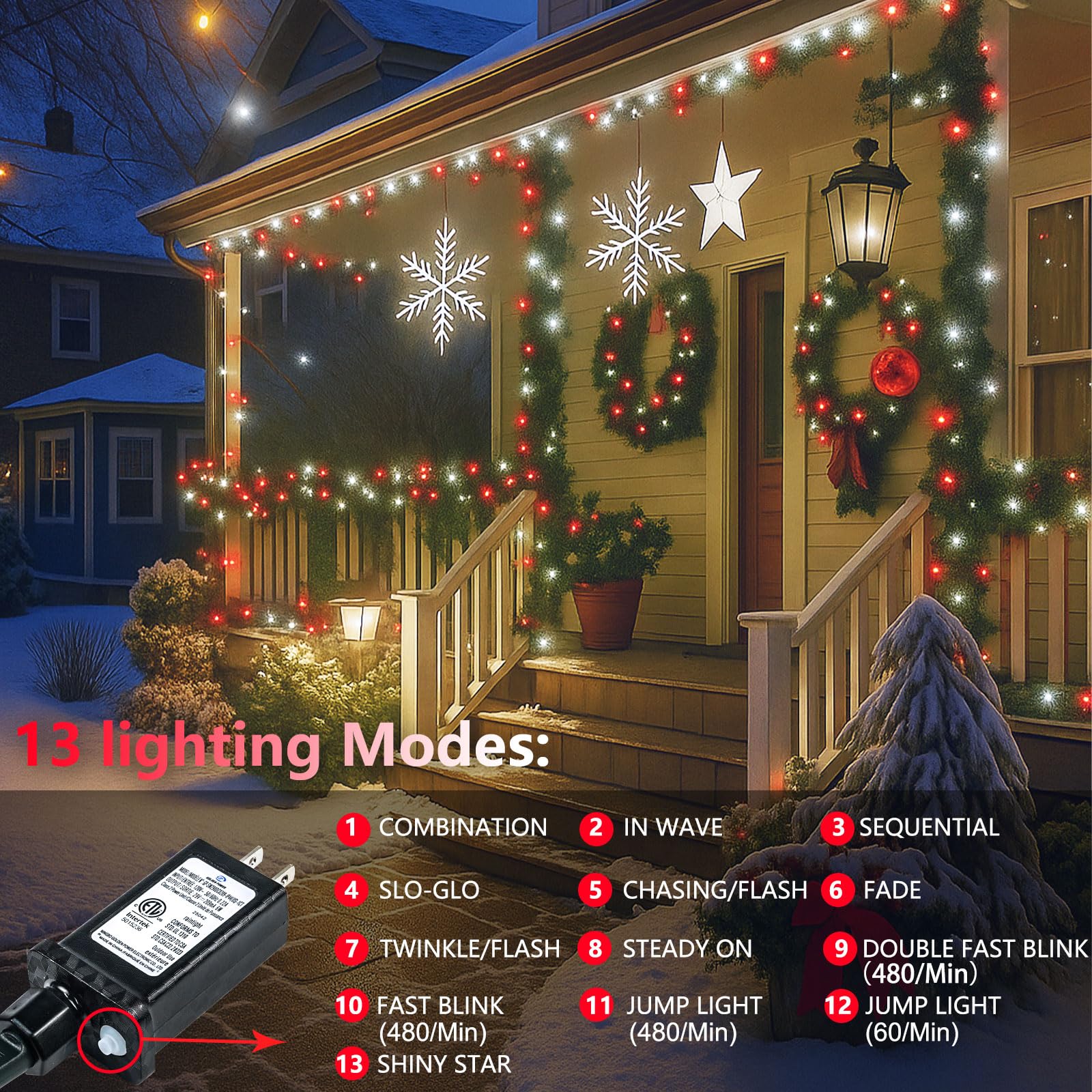 SANJICHA Extra-Long 200 LED String Lights, Waterproof Fairy Lights for Indoor/Outdoor Use, Red & White, Model MLS-D29V6WUC-O