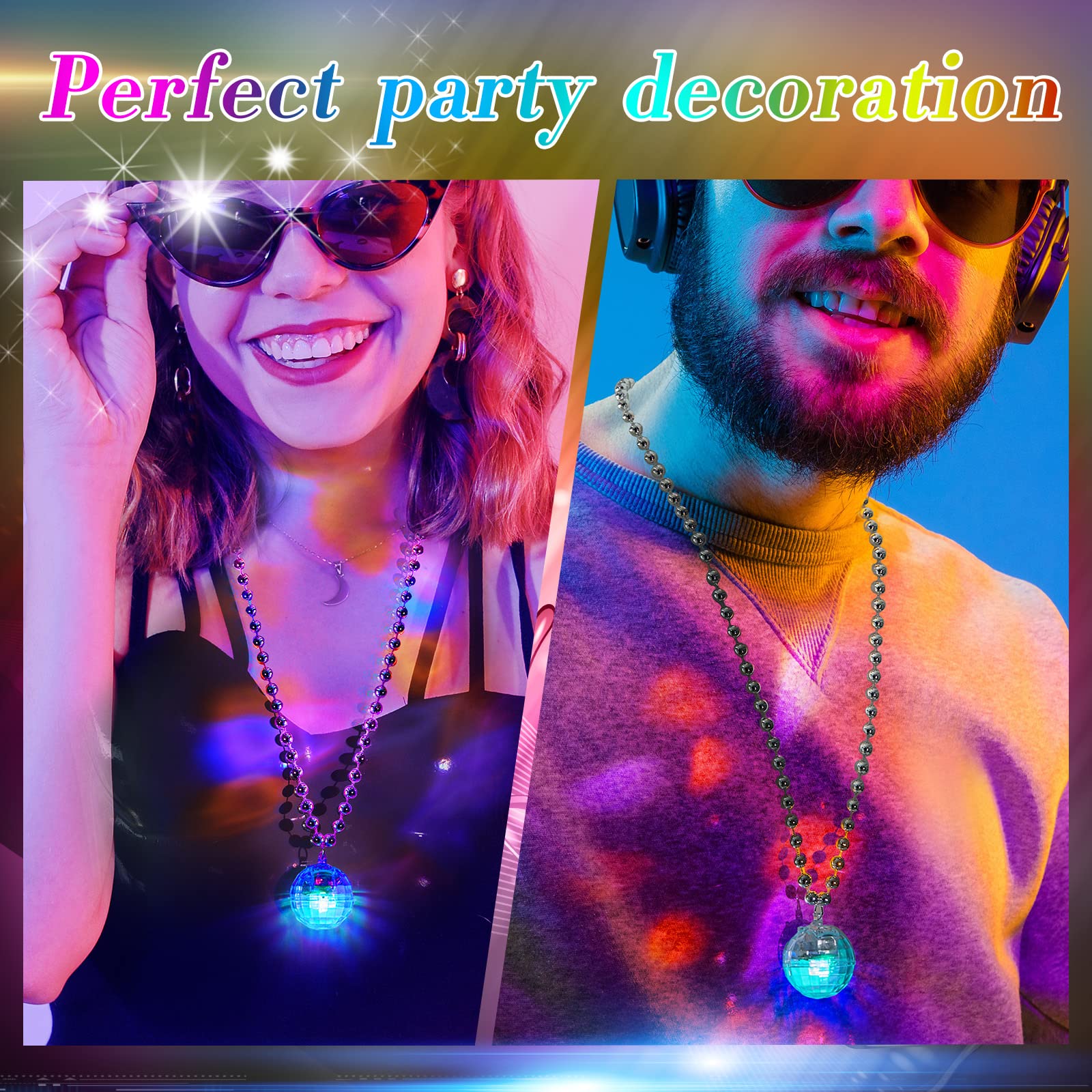 Henoyso 24 Pcs LED Disco Ball Necklaces Light up Mardi Gras Beads Necklaces 70s Disco Necklace Disco Party Favors Costume Neckla