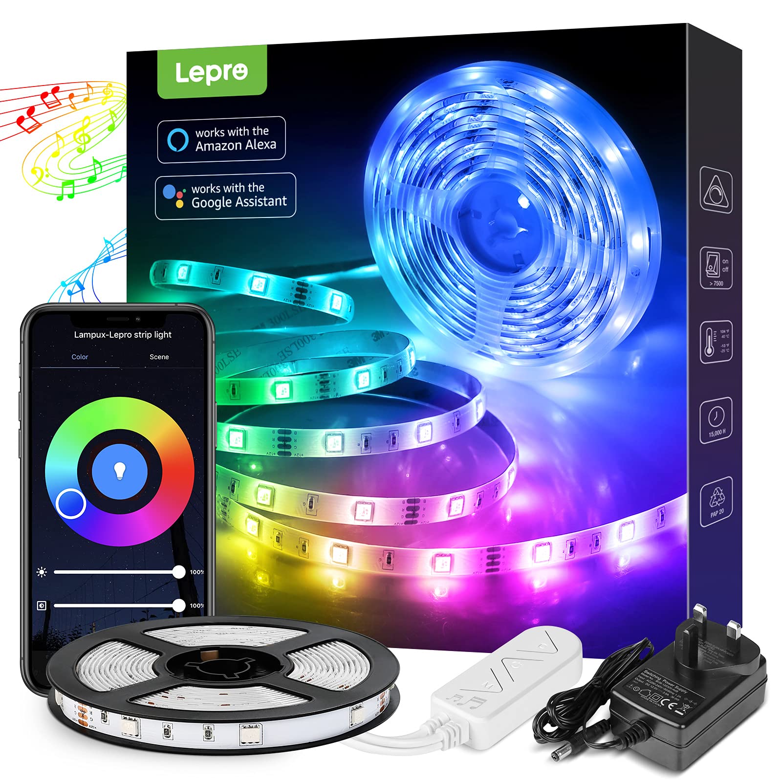 Lepro LED Strip Lights 16.4ft, Smart Color Changing RGB with App Control, Music Sync, Multicolor, Model PR904118-RGB-US