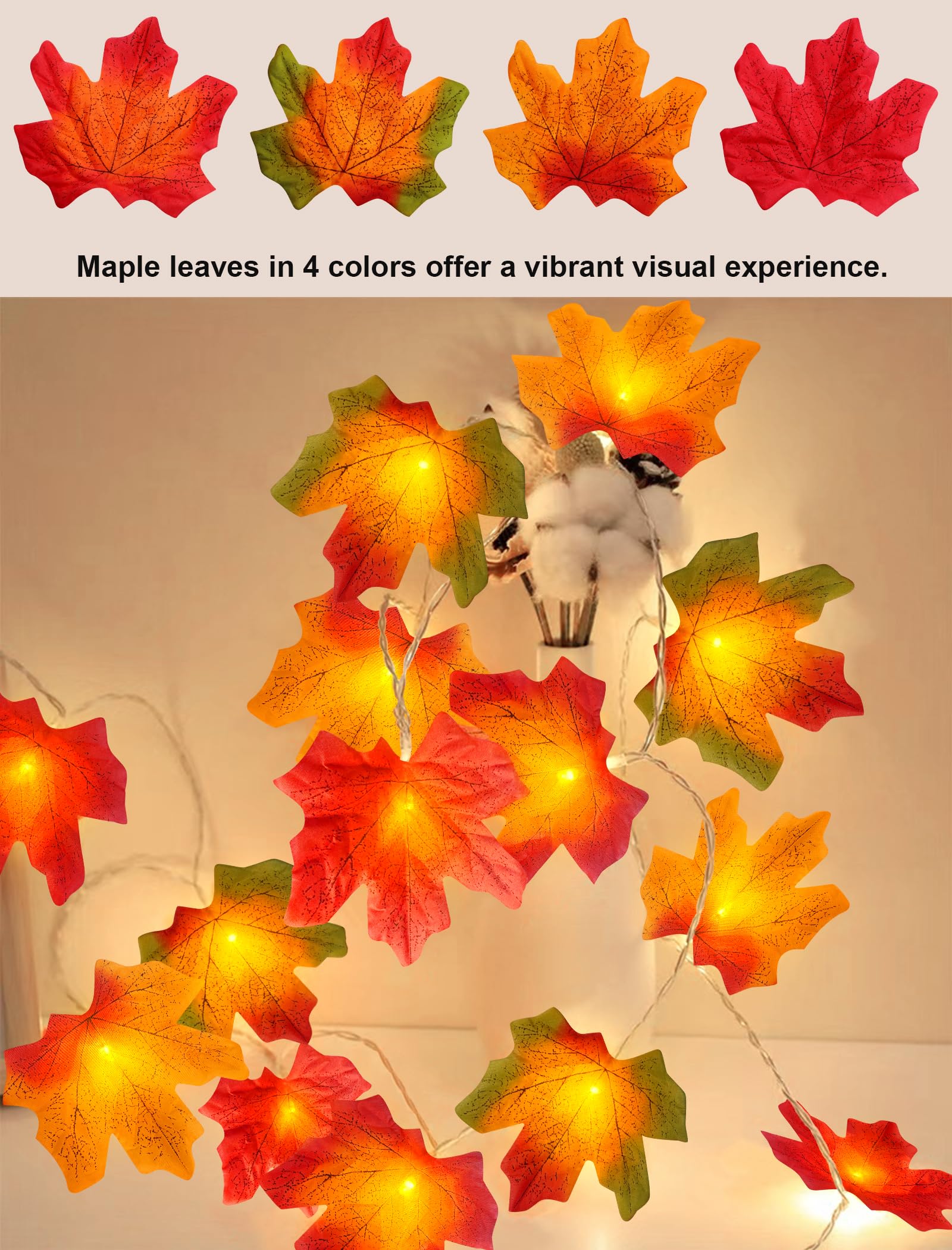 Eoako 20Ft Led Fall Maple Leaves String Lights - Warm White Outdoor Decor For Halloween & Thanksgiving