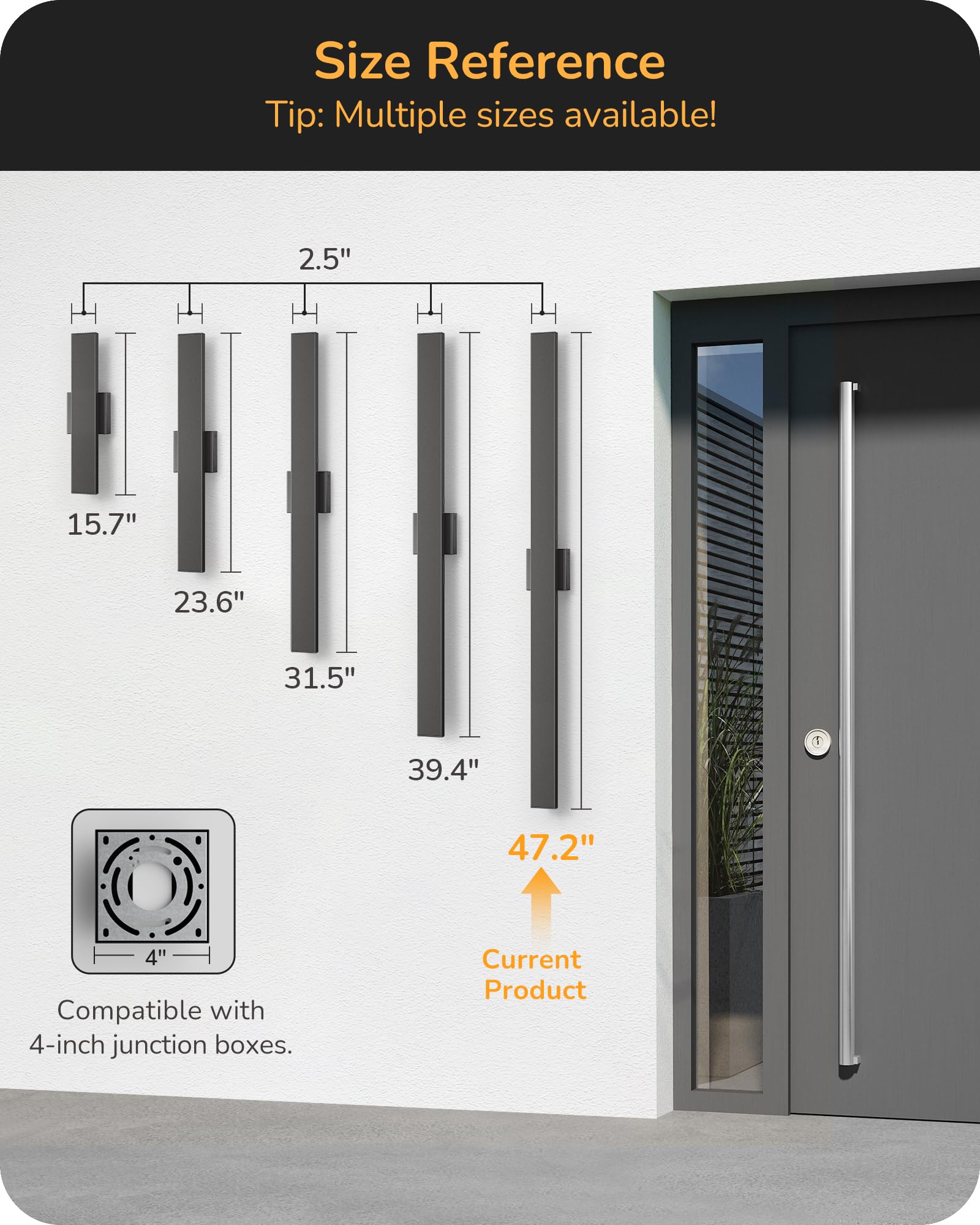 EDISHINE 47" LED Outdoor Wall Lights, IP65 Waterproof, Dimmable 10%-100%, Black, Modern Design, 2 Pack, Model BD050
