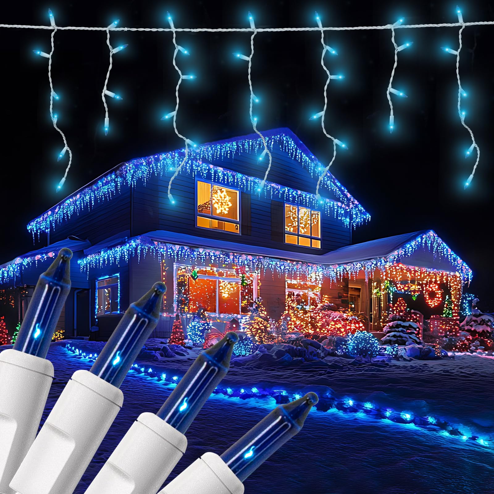new one 2 Pack Icicle Lights, 17.67 FT 300 Incandescent Blue Icicle Christmas Lights with White Wire, 3 Connectable Icicle Strin