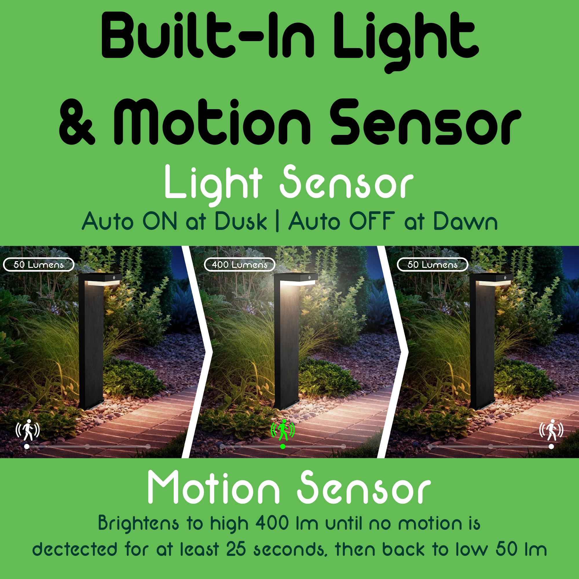 VerLuce Solar Pathway Lights - PIR Sensor, 3000K, IP44, 4 Pack, Black, 20.5" - Rechargeable Battery Lasts Up to 55 Hours