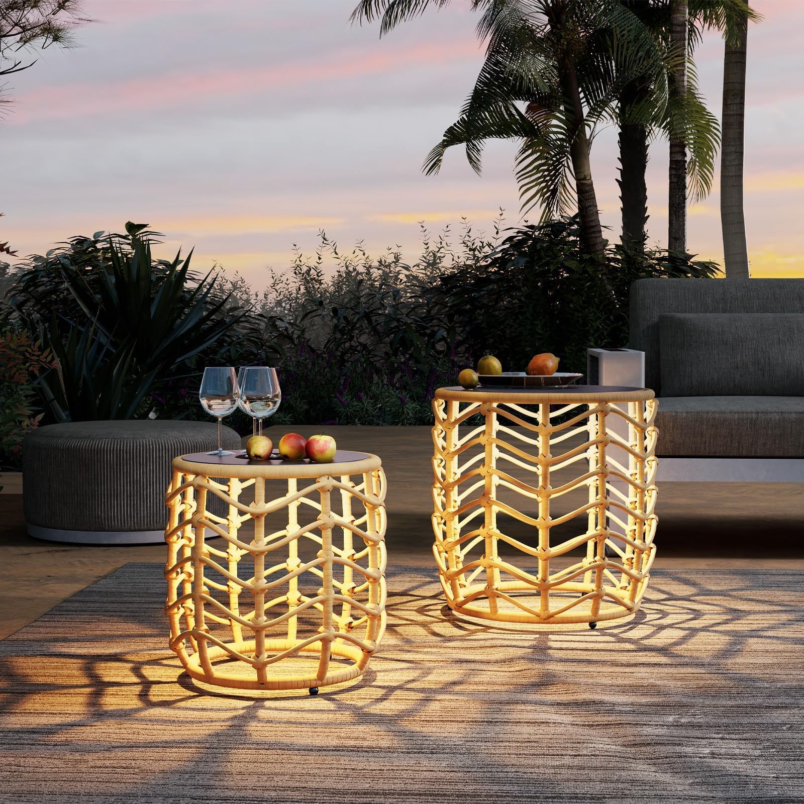 Solar Yard Boho Solar Nesting Tables With Built-In Lights - Set Of 2, Weather-Resistant Wicker For Patio, Porch, Garden, Perfect