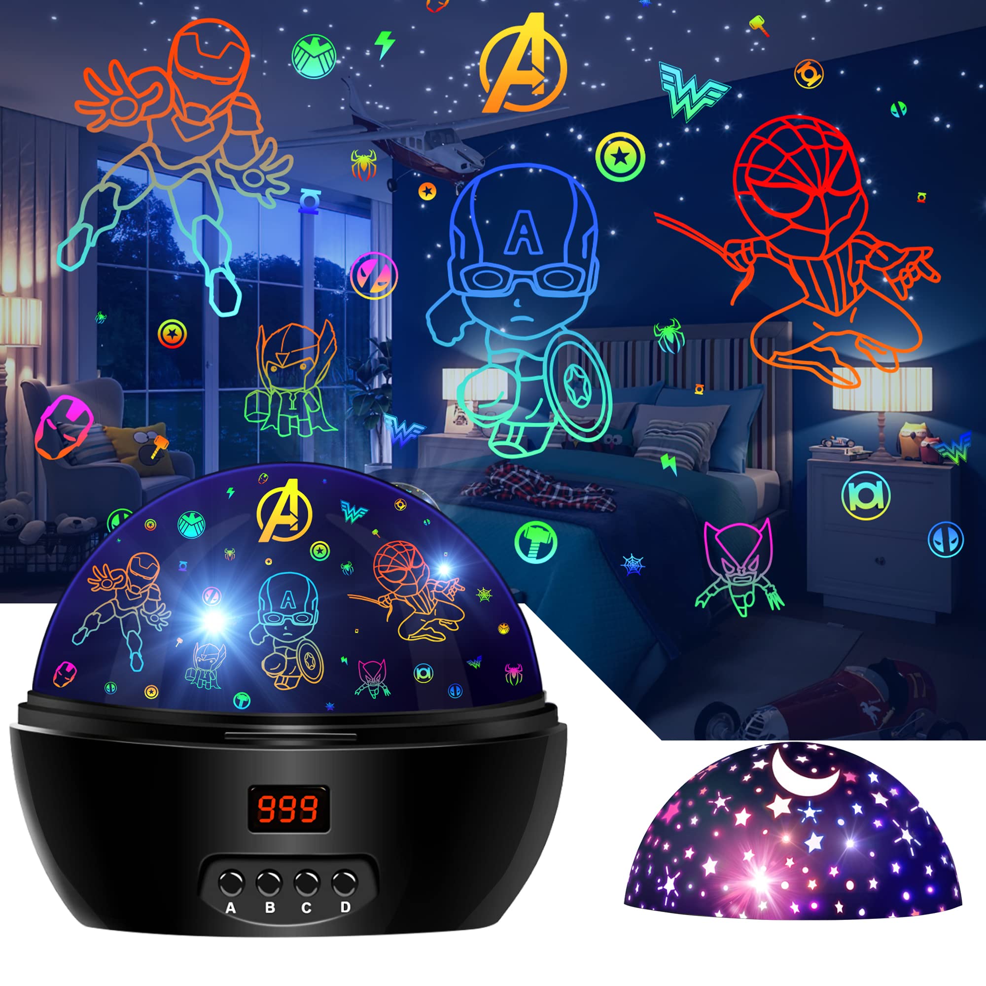 Mokoqi Superhero Night Light Projector For Kids, 360° Rotation, Black, Model No.012-1761, Includes Spiderman Figurine, Timer