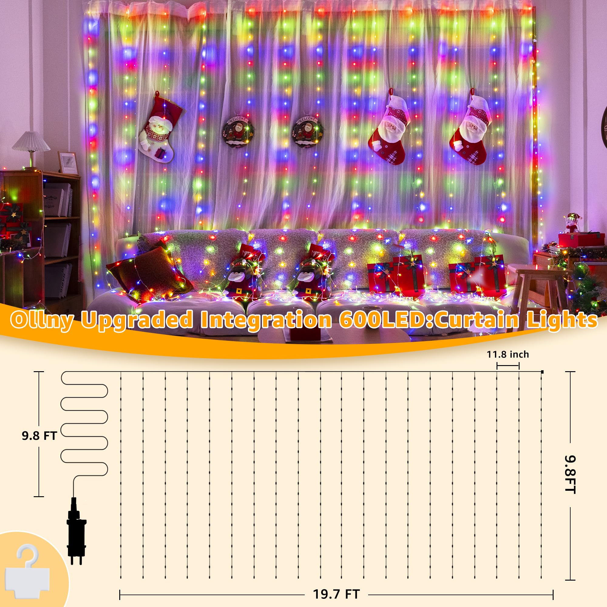 Ollny Curtain Lights 600Led 19.7Ft X 9.8Ft  Ip67 Waterproof Outdoor Curtain Rice Lights With Remote  Plug-In Untangle Fairy Light With 8 Modes 3 Timers For Wall Waterfall Backdrop Decor(Multicolored)